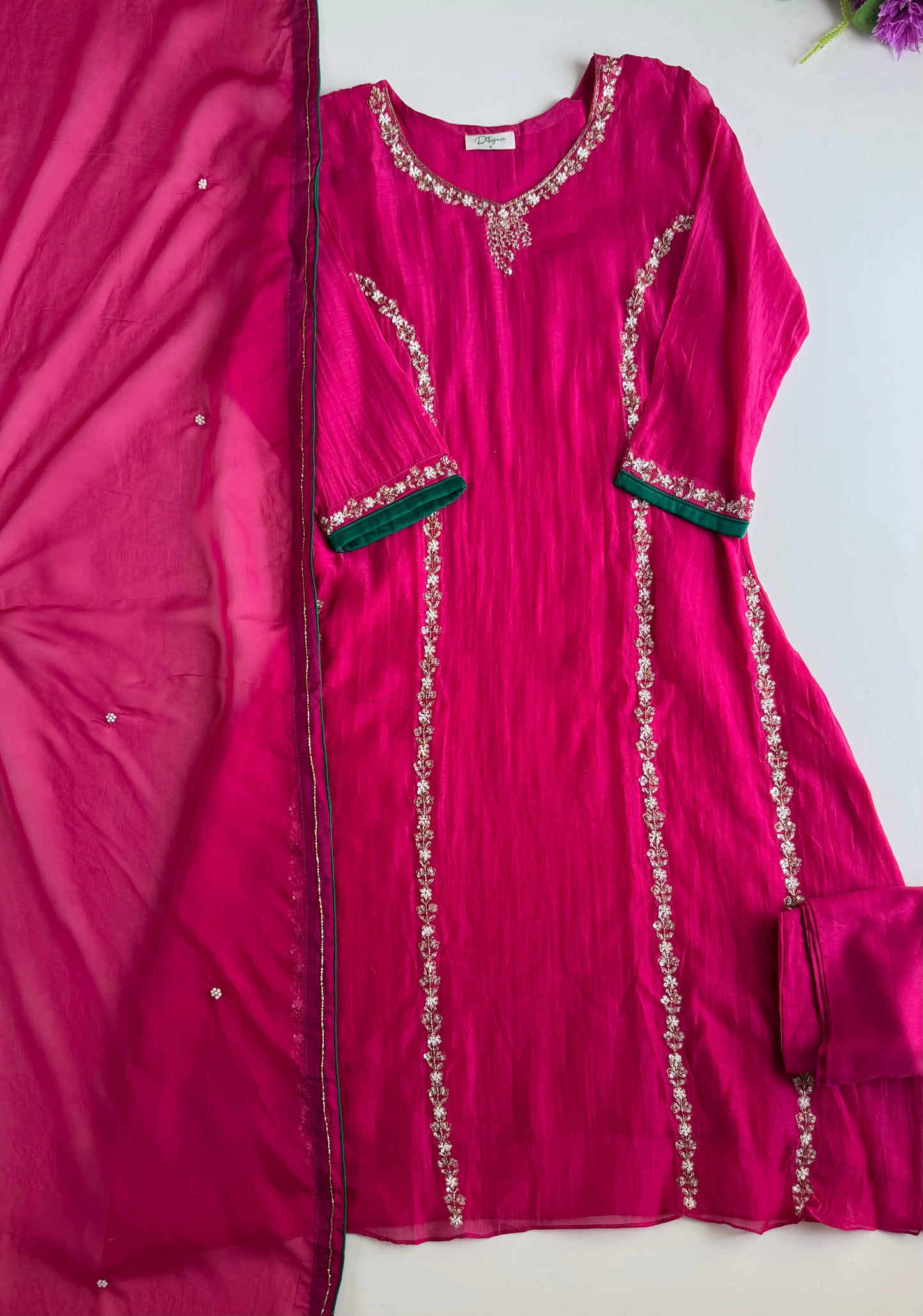 K507 - Mul chanderi handwork aline Kurti with pants and dupatta