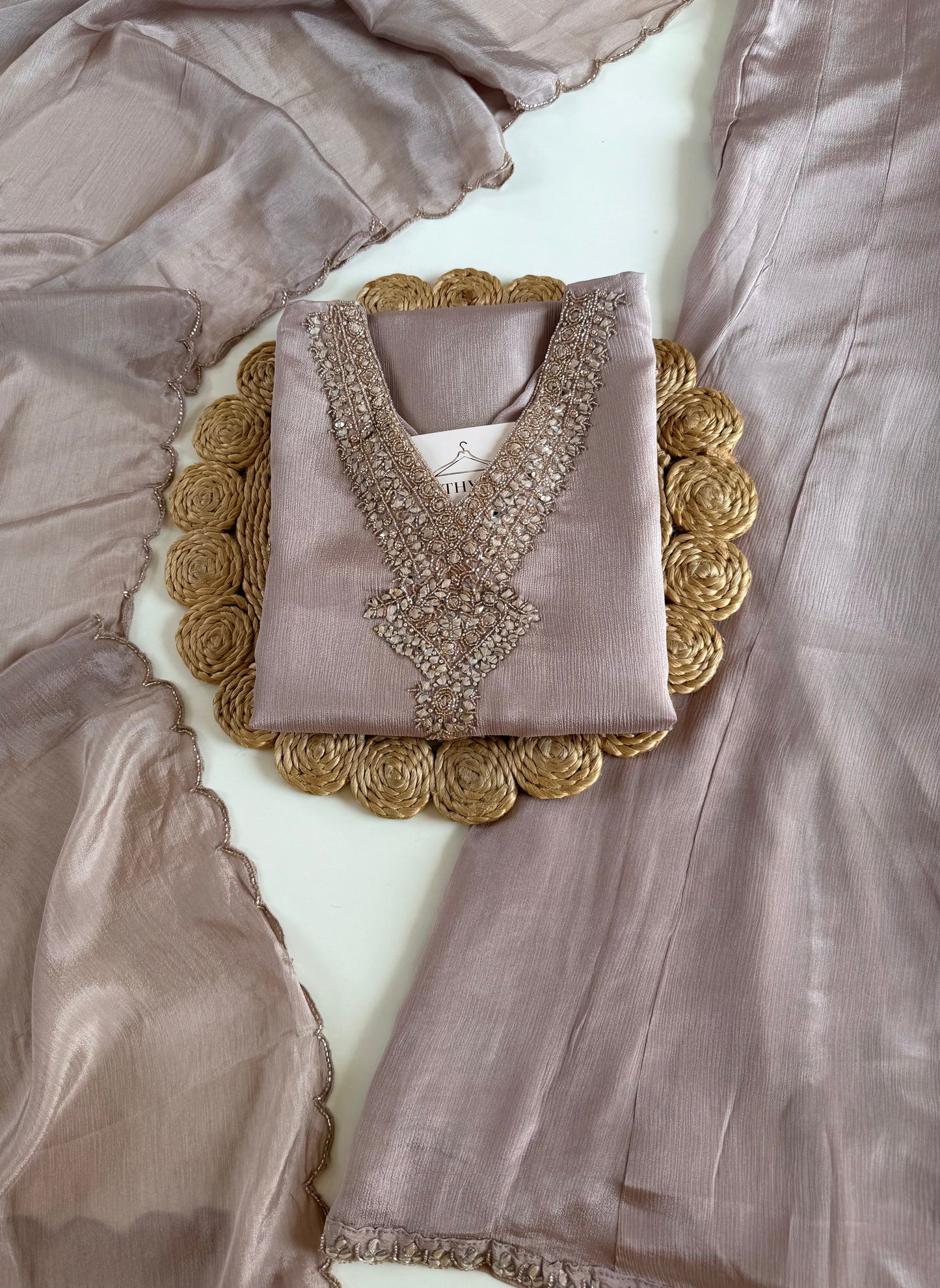 K514-Pure Chinnon handwork short Kurti with divider pants and dupatta
