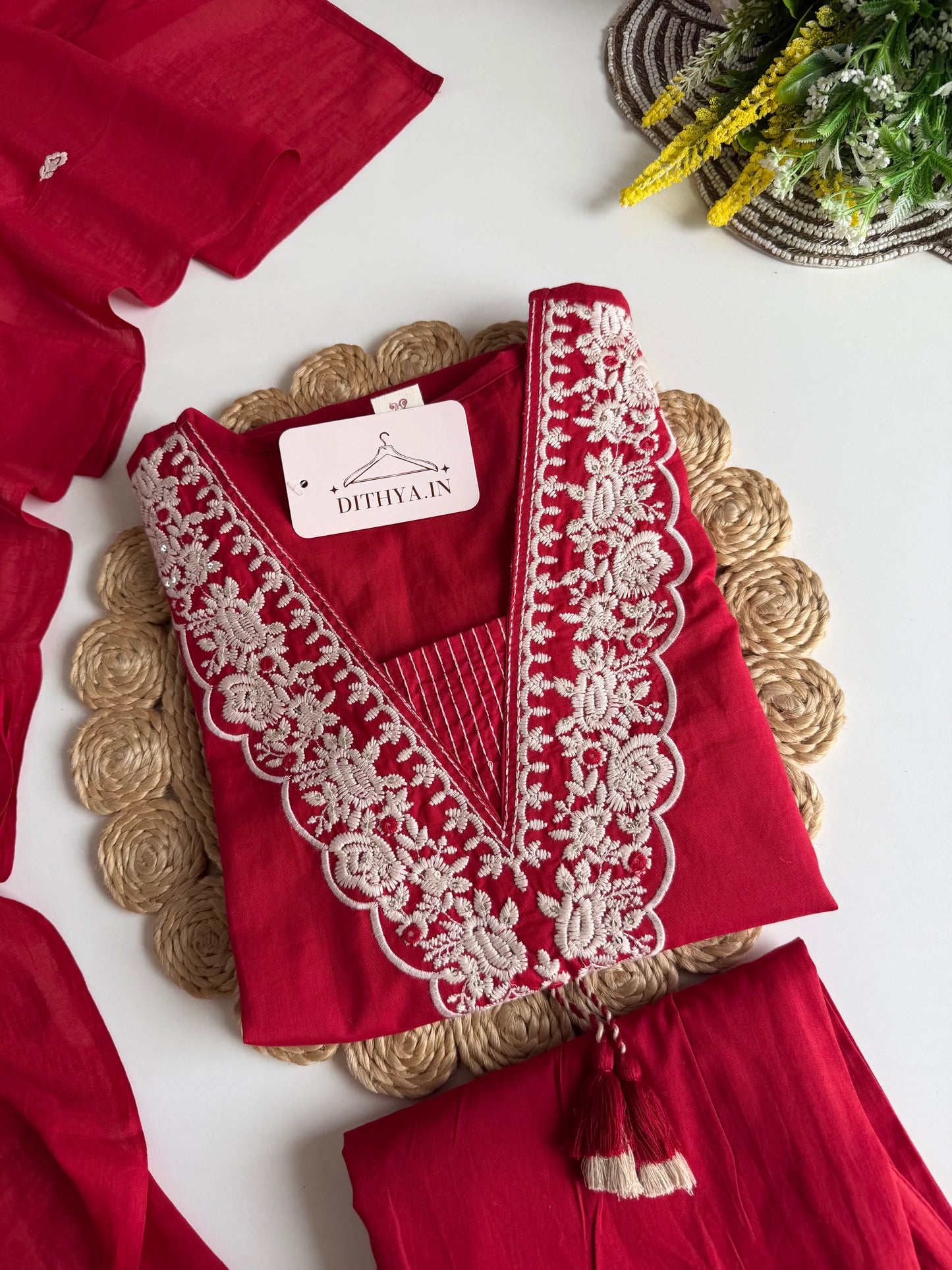 K671 - Mul cotton embroidered Aline Kurti with pants and dupatta