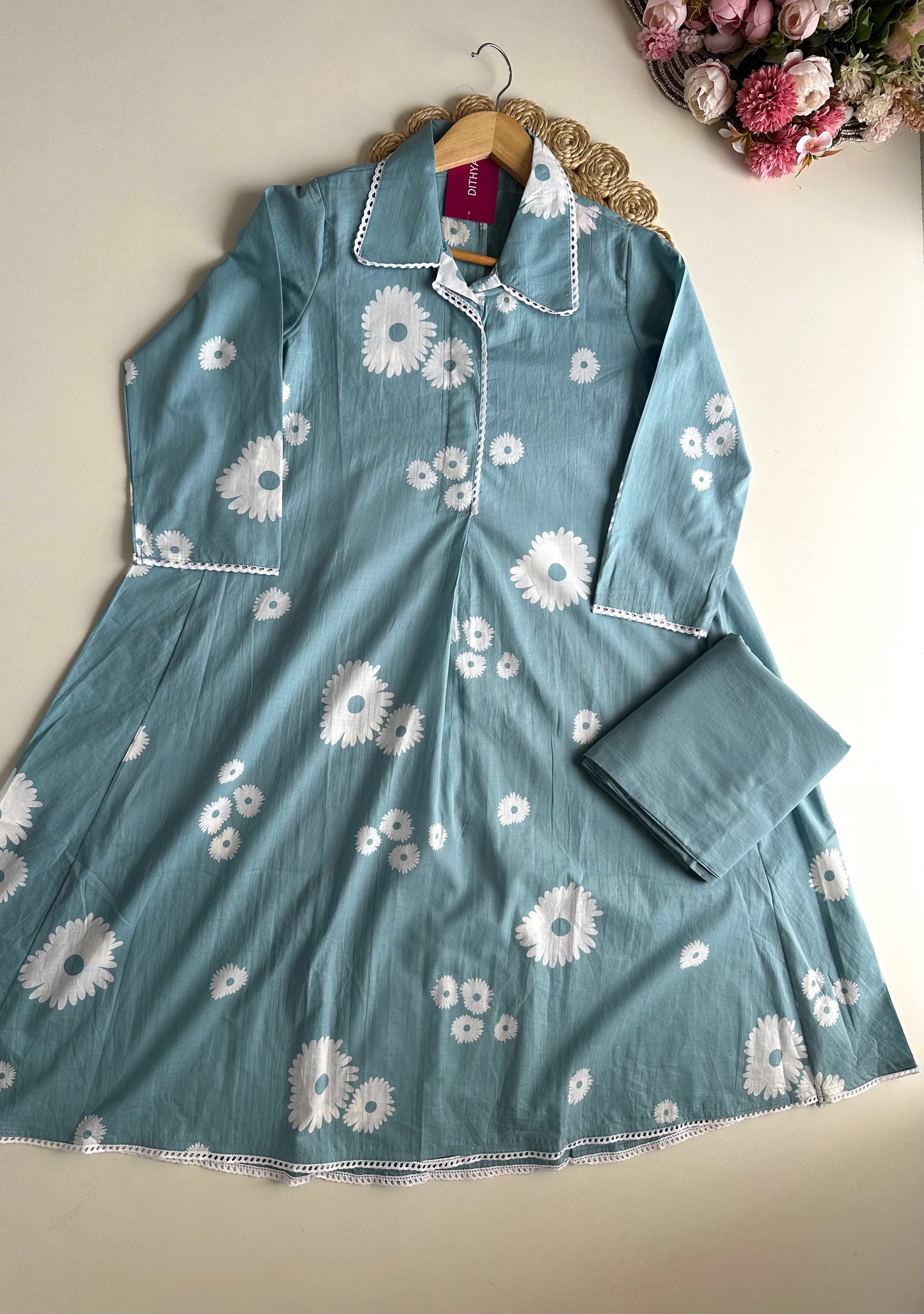 K217 - Cotton floral Aline Kurti with pants