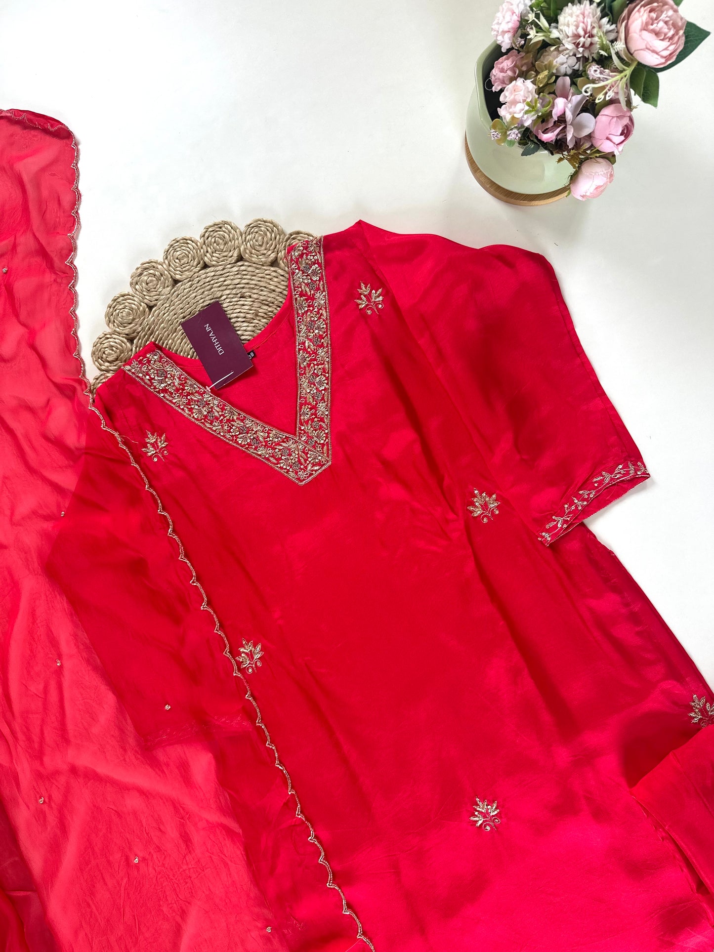 K141 - Dola silk handwork straight kurti with pants and organza dupatta .