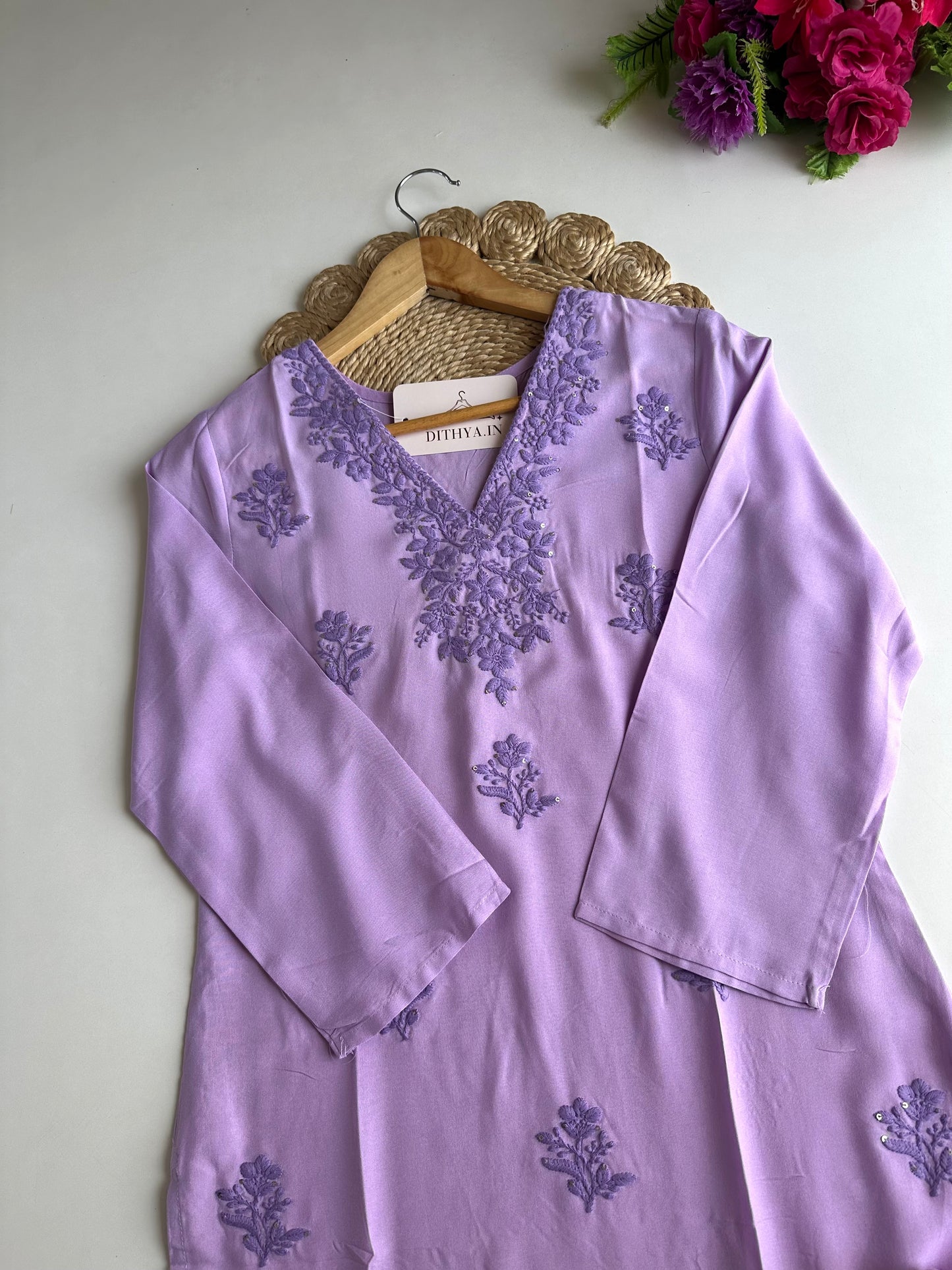 K246 - Mul cotton embroidered straight Kurti with pants