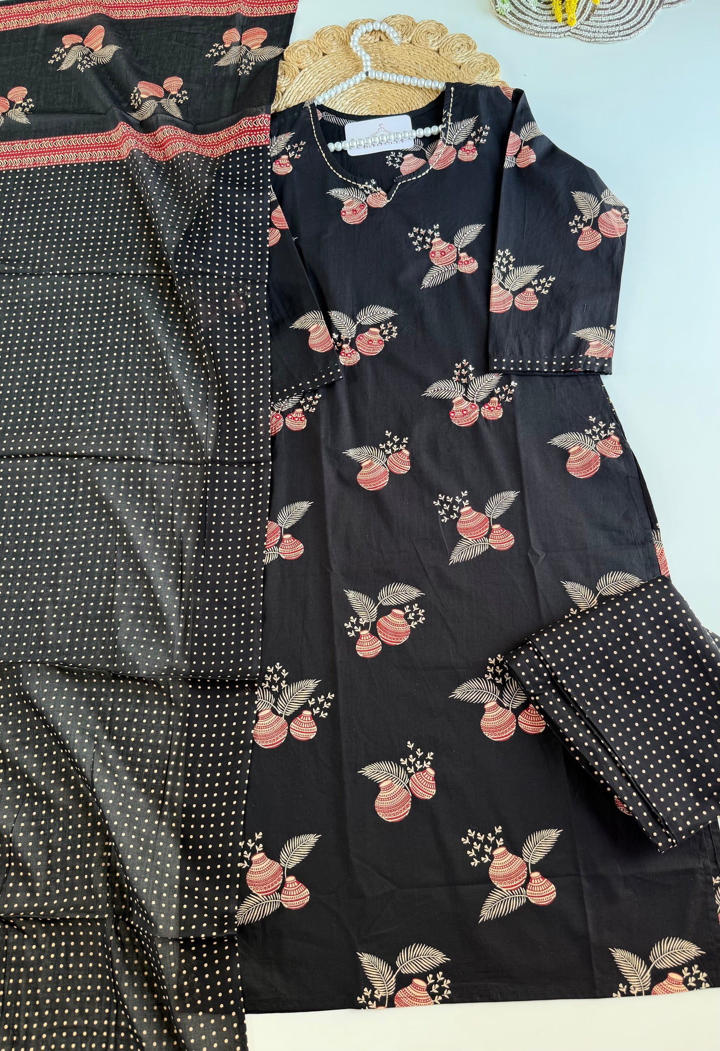 K691 - Mul cotton embroidered straight Kurti with pants and dupatta