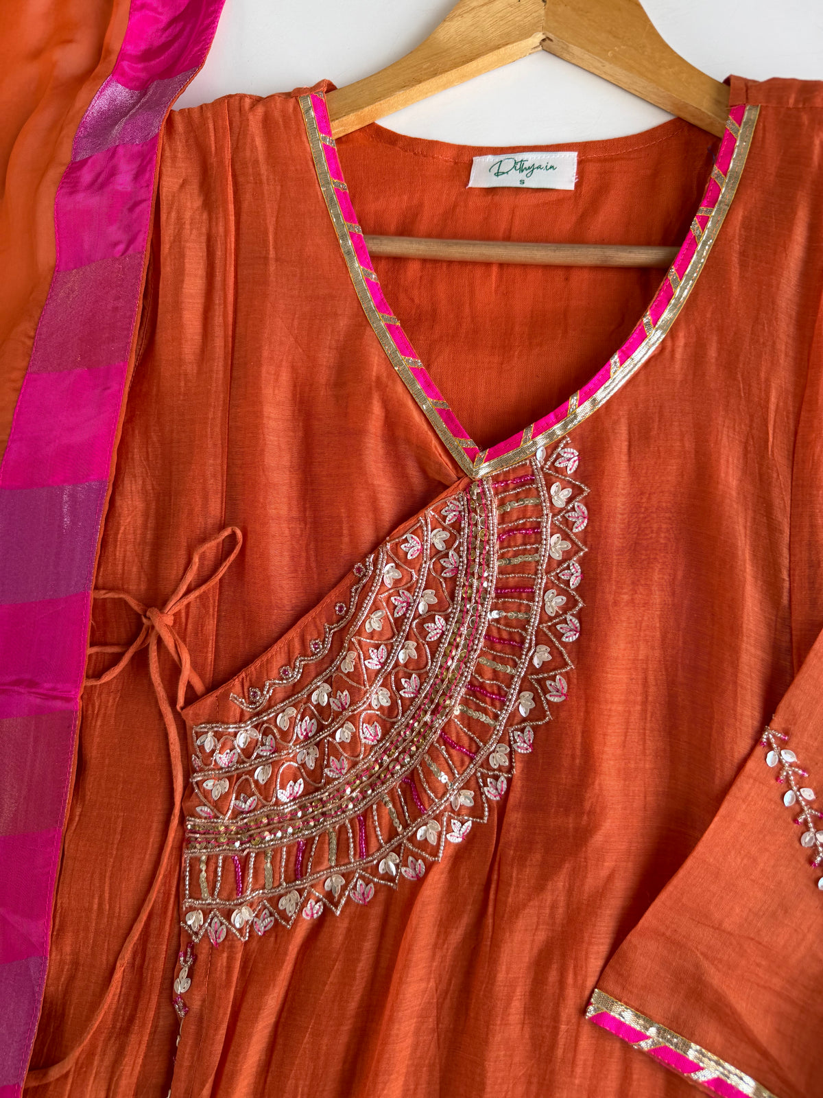 K111 - Banarasi mul chanderi handwork angrakha Anarkali with pants and dupatta