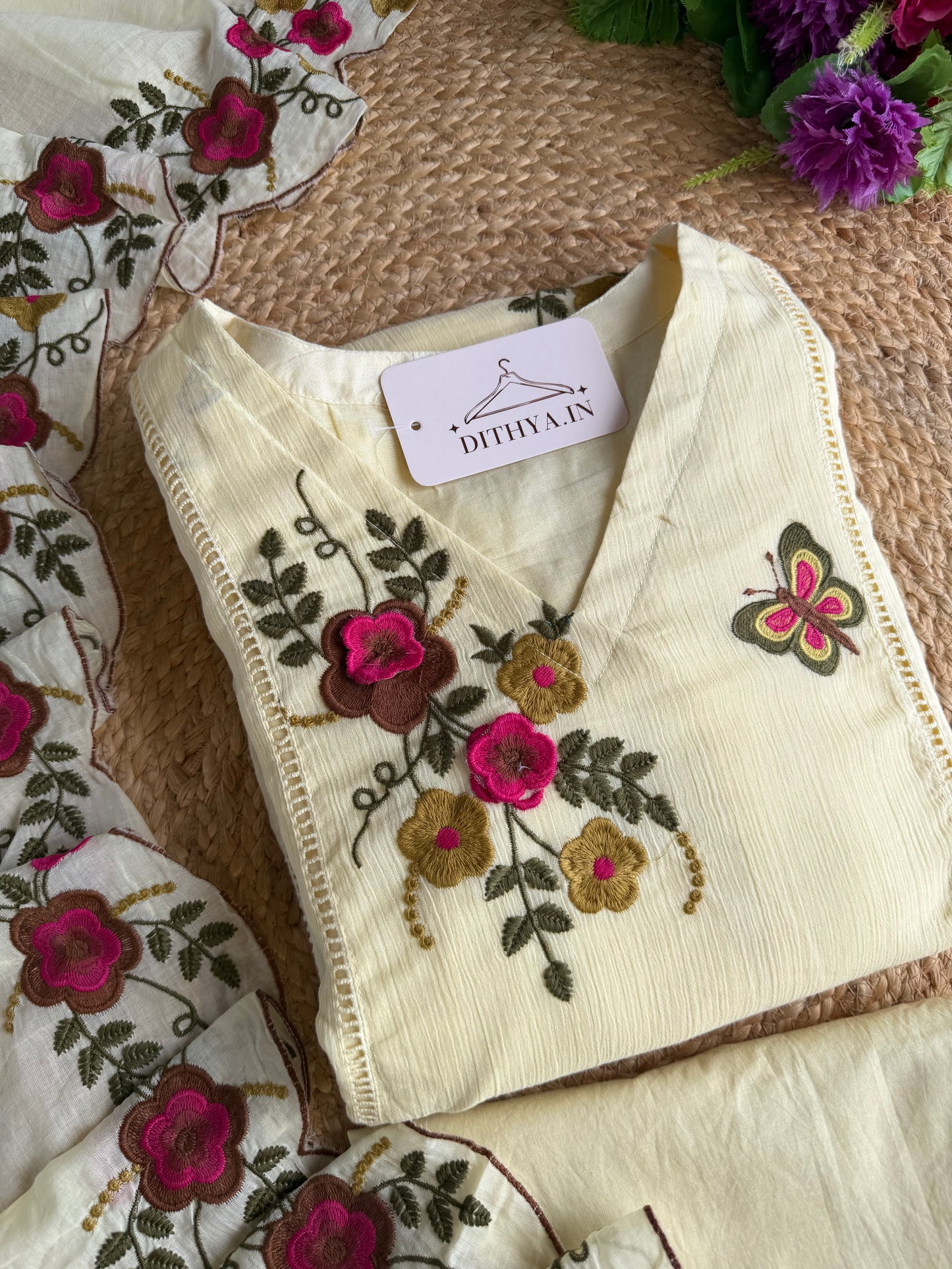 K018 - Crushed cotton 3D embroidered Anarkali with pants and dupatta