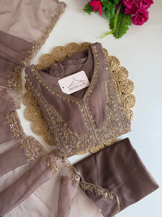 K120 - Mul chanderi handwork Aline Kurti with pants and dupatta