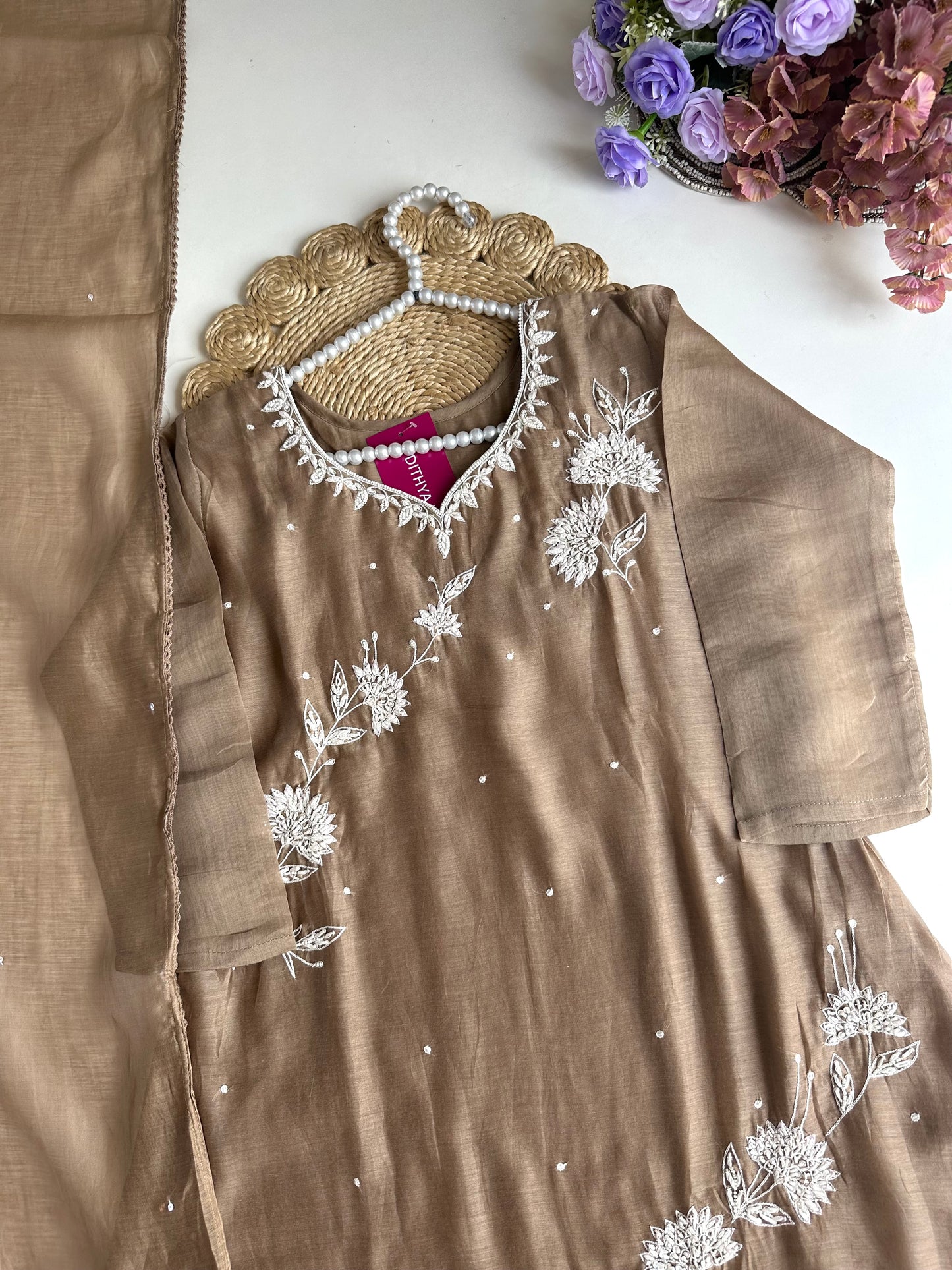 K079 - Mul Chanderi Handwork Aline Kurti with pants and dupatta