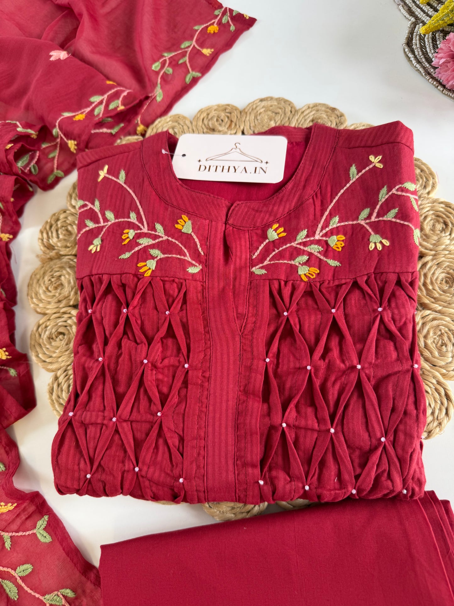 K620 - Mul cotton embroidered Aline Kurti with pants and dupatta