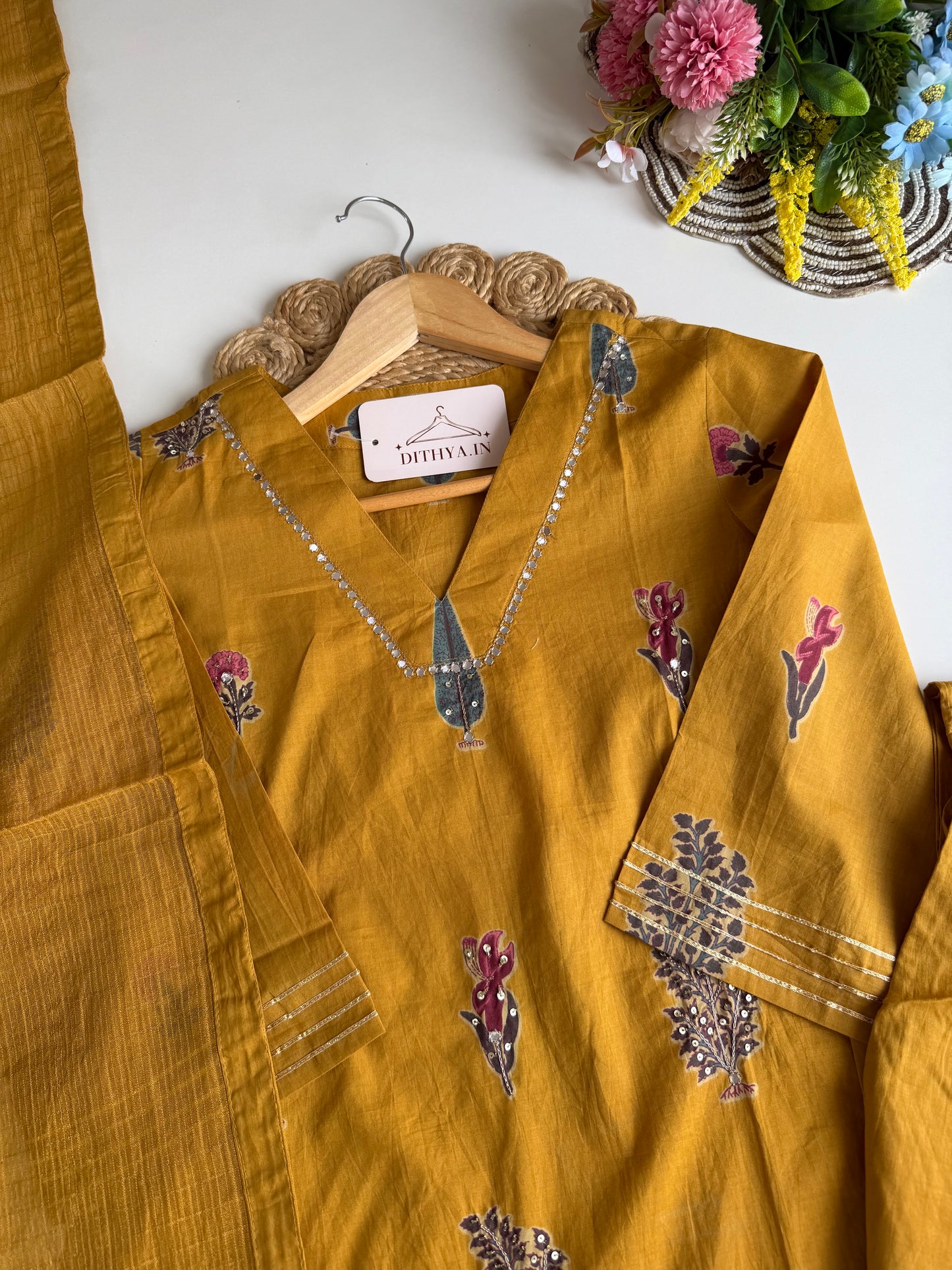 K697 - Mul cotton embroidered short Kurti with divider pants and dupatta