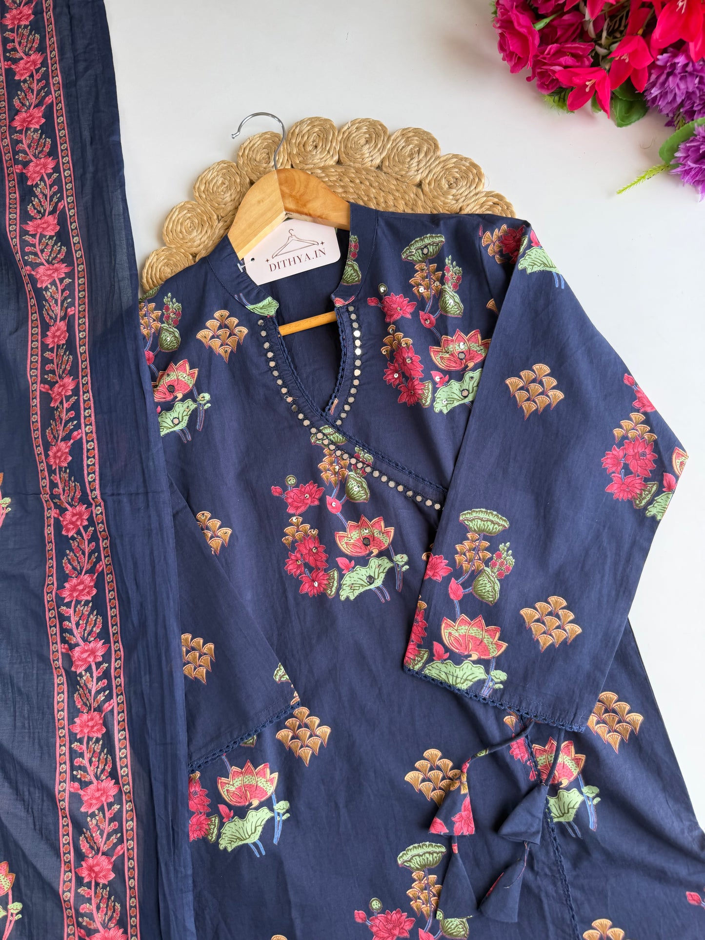 K730 - Mul cotton floral angrakha straight Kurti with pants and dupatta