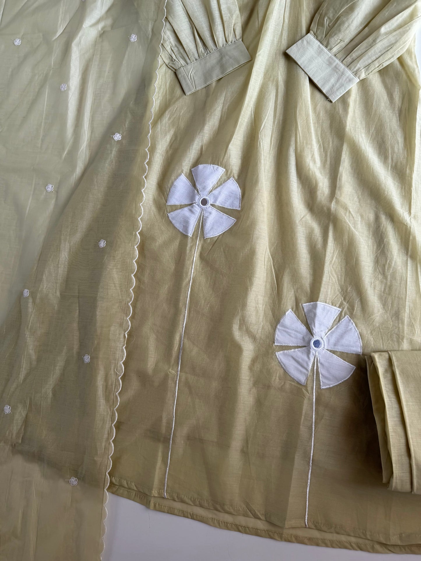 K036 - Crushed Surat Mul chanderi embroidered Aline Kurti with pants and dupatta in 2 colours