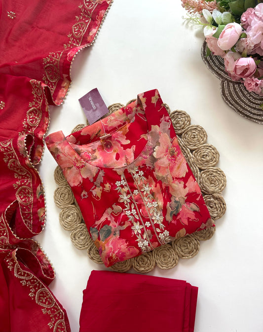 K235 - Rayon silk floral straight kurti with pants and dupatta