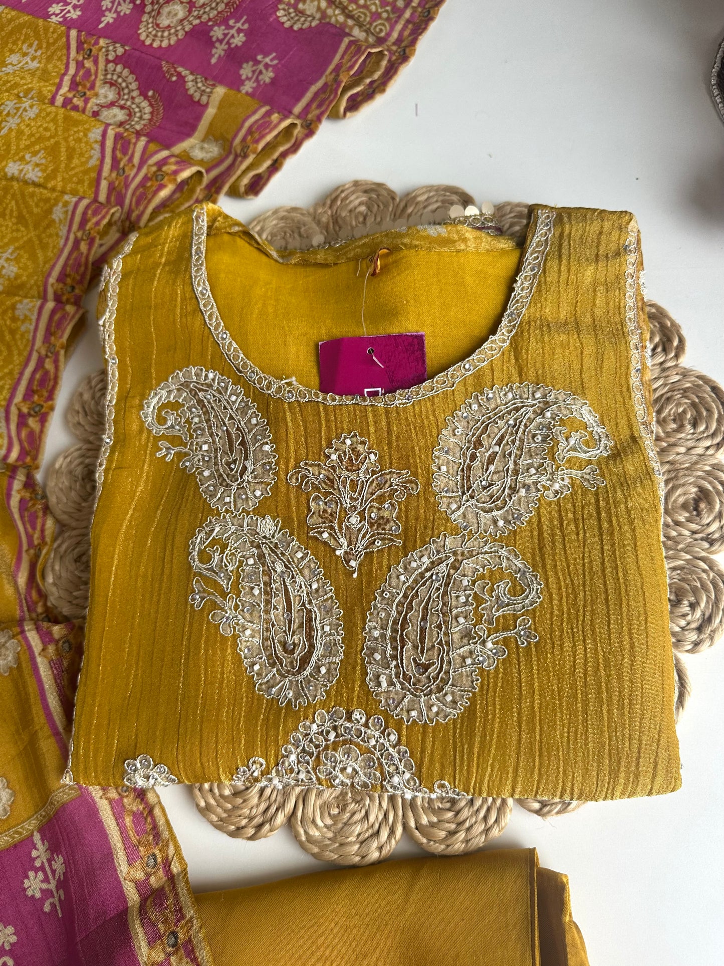 K004 - Crushed tissue handwork Aline Kurti with pants and dupatta