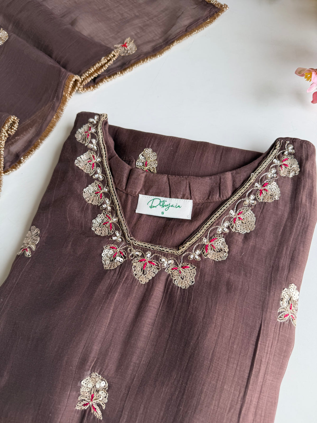 K165 - Mul chanderi handwork Aline Kurti with pants and dupatta