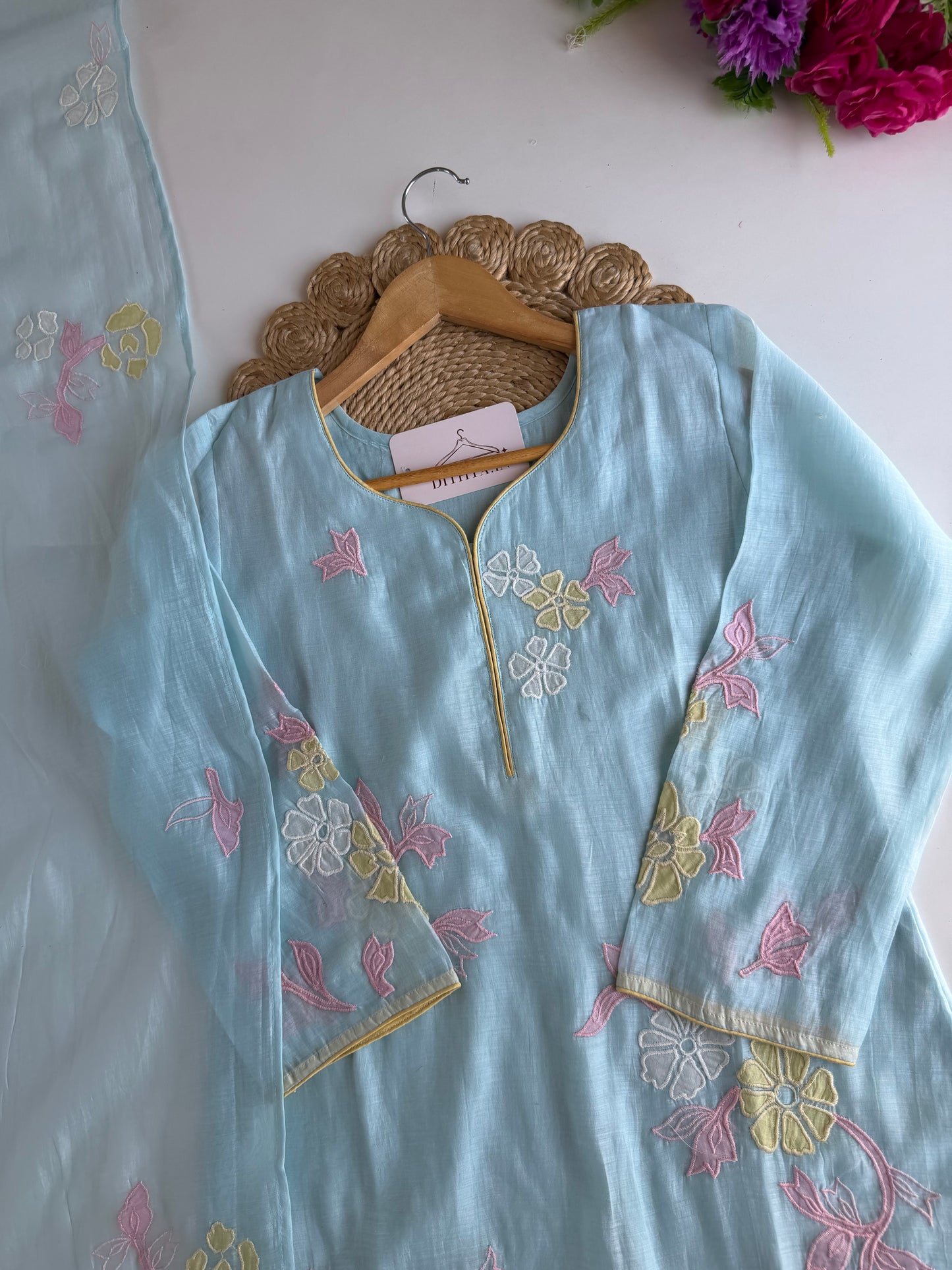 K687 - Mul chanderi appliqué work straight Kurti with pants and dupatta