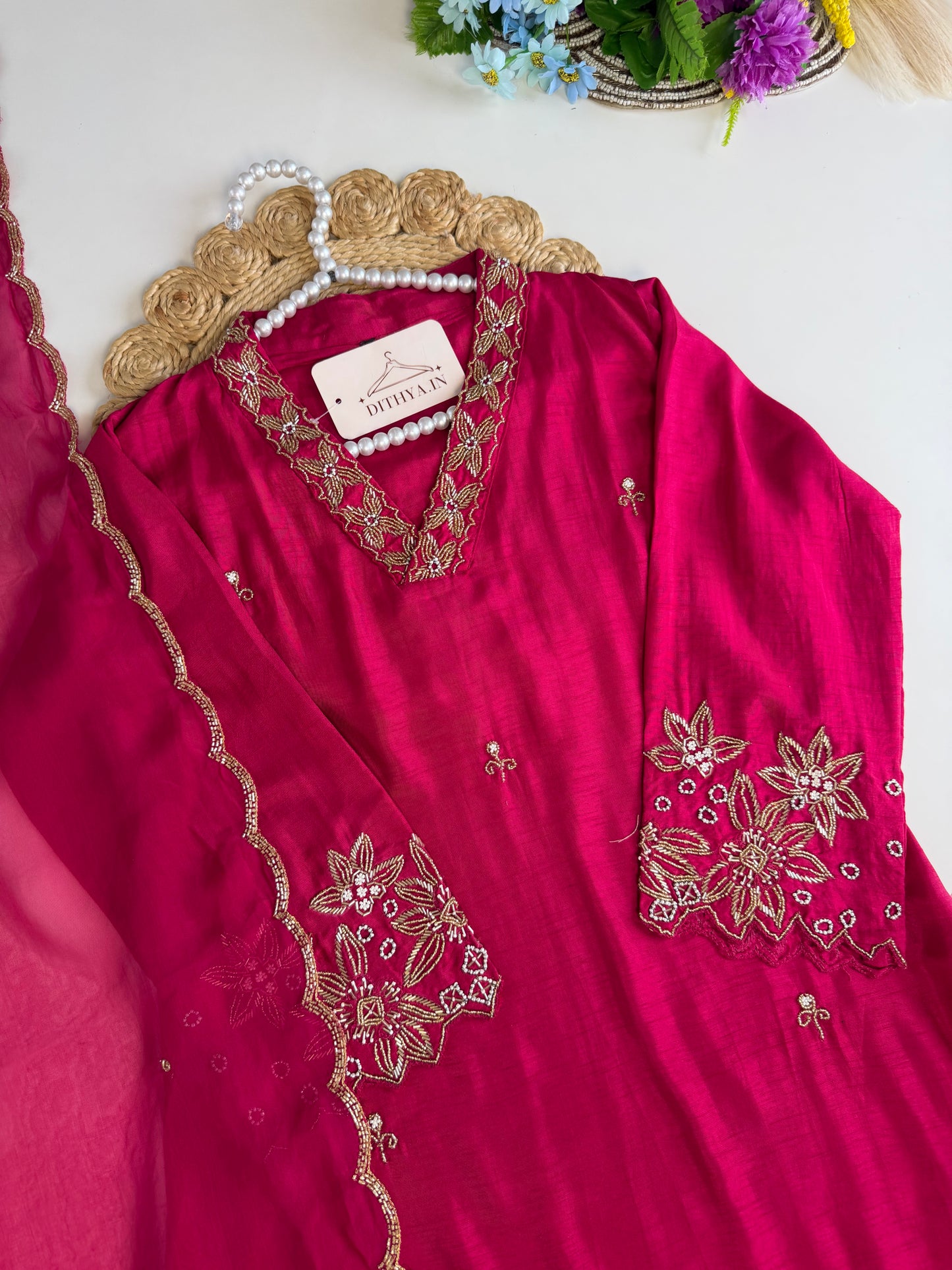 K344 - Russian silk handwork straight Kurti with pants and dupatta