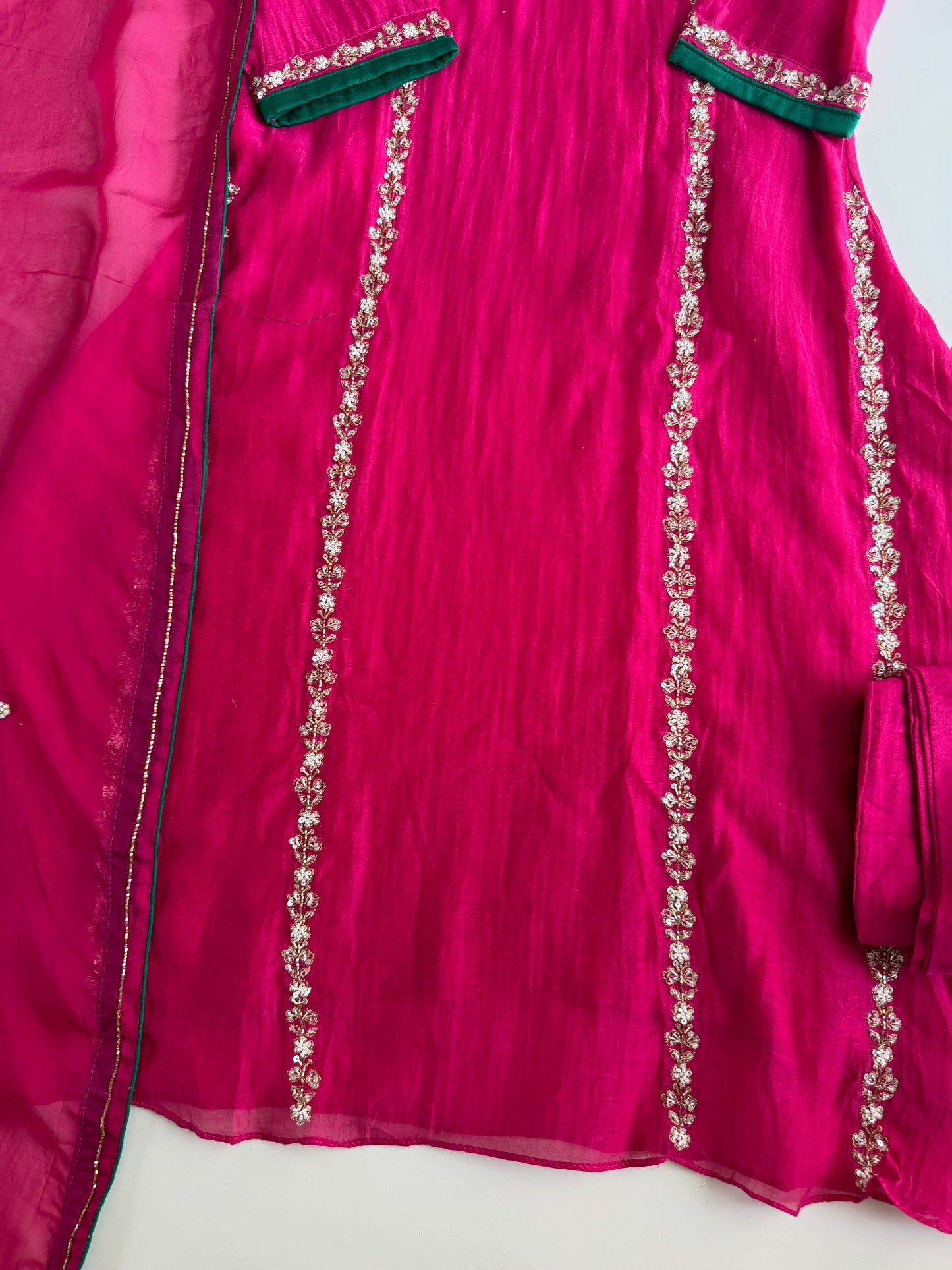K507 - Mul chanderi handwork aline Kurti with pants and dupatta