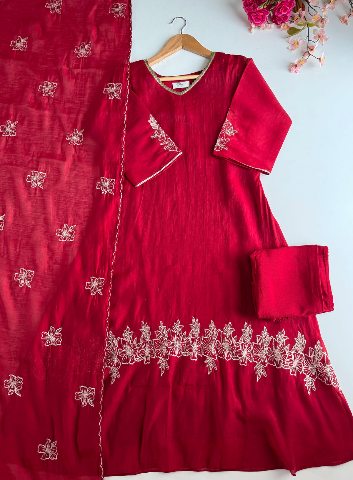 K114 - Surat Mul chanderi embroidered Aline Kurti with pants and dupatta