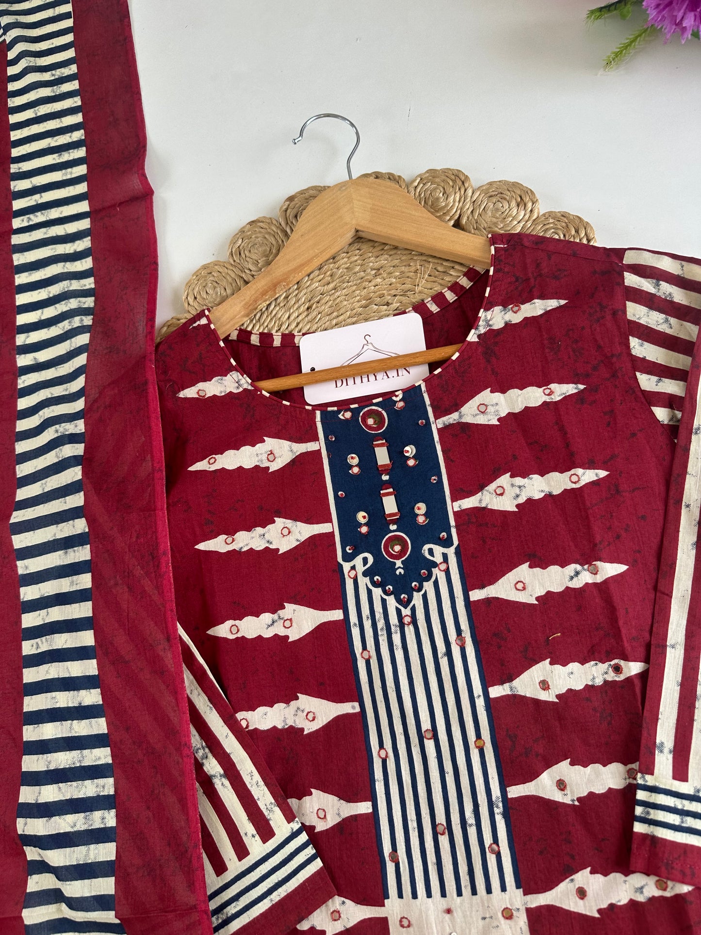 K381 - Mul cotton printed straight Kurti with pants and dupatta