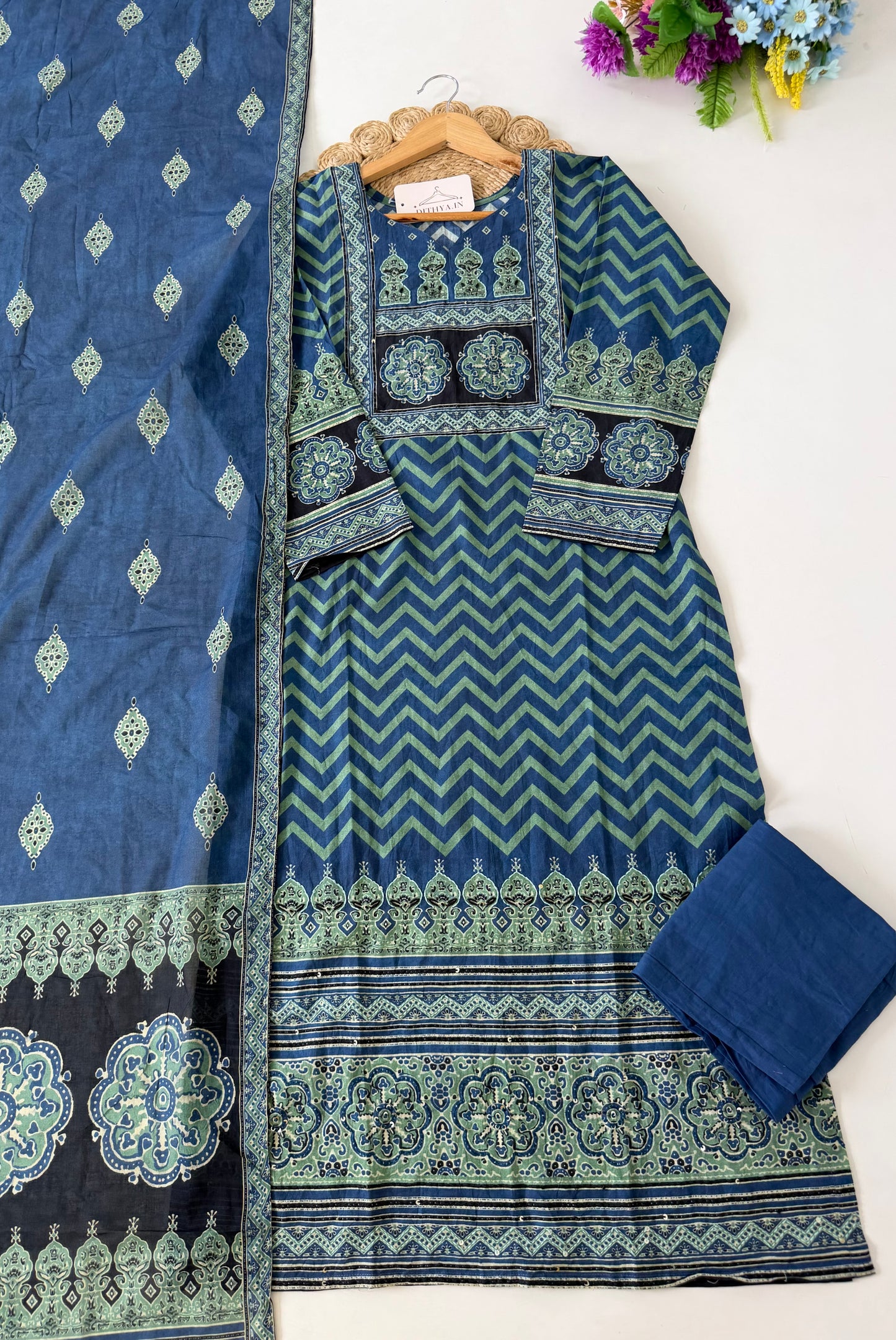 K144 - Mul cotton ajrakh embroidered straight Kurti with pants and dupatta