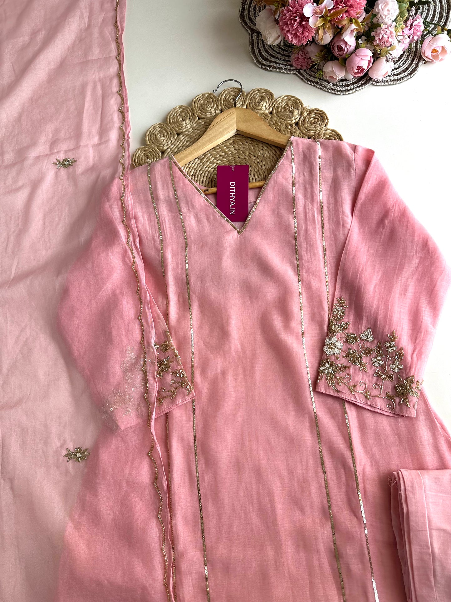 K070 - Mul Chanderi handwork Aline Kurti with pants and dupatta