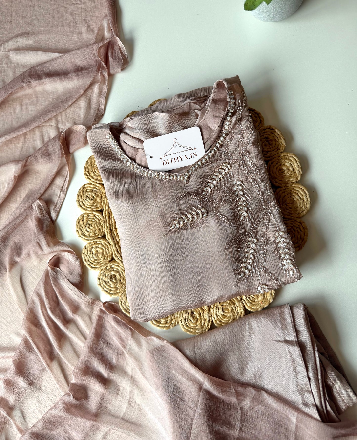 K482 - Pure Chinnon handwork aline Kurti with pants and dupatta