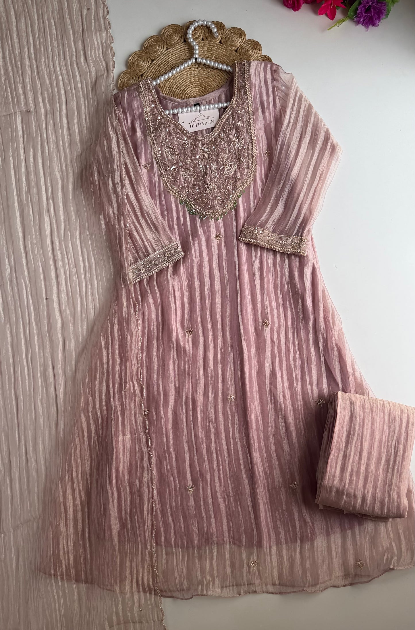 K473 - Crush Glass tissue handwork aline Kurti with pants and dupatta