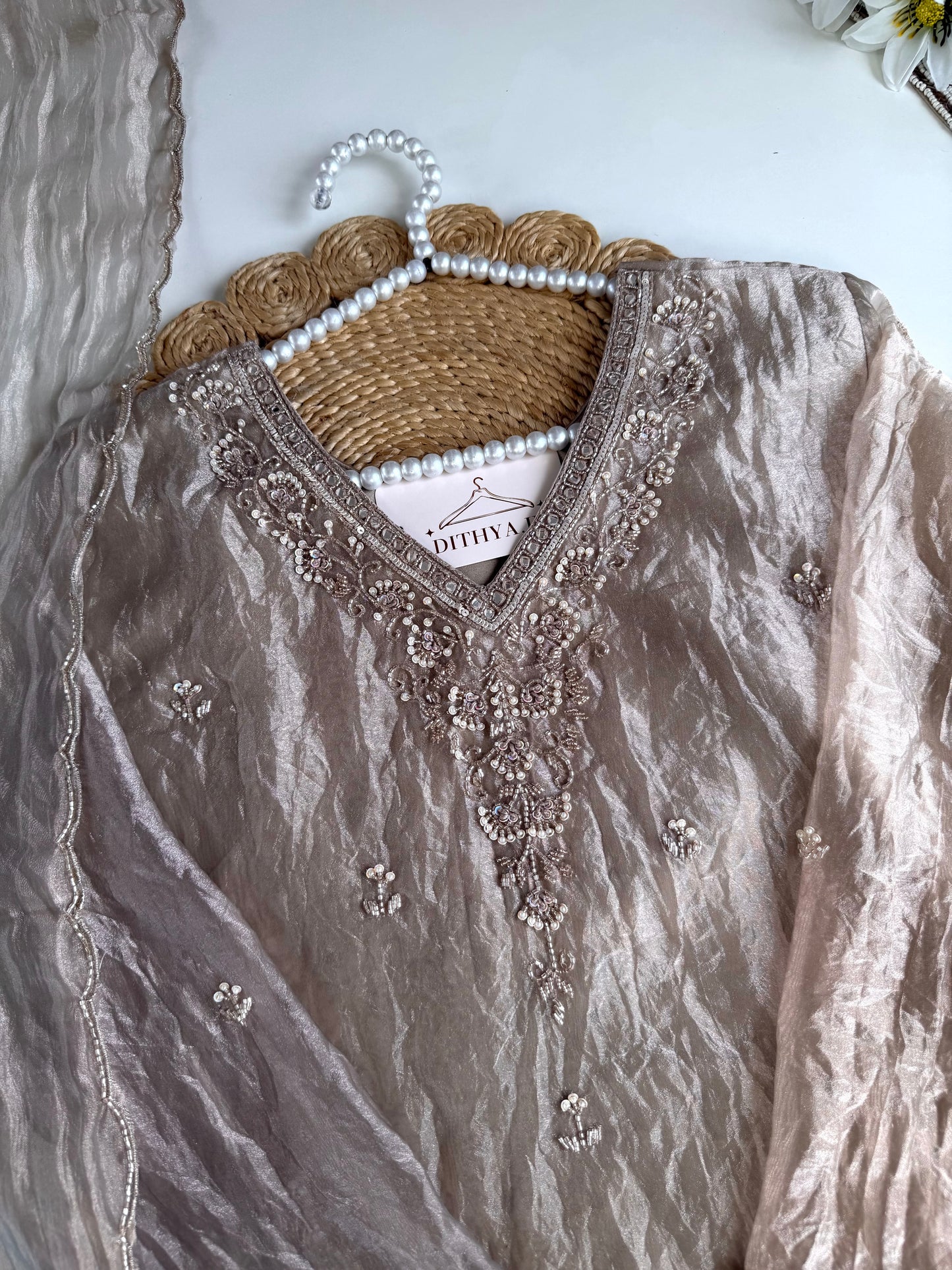 K184 - Crushed glass tissue short Kurti with divider pants and dupatta