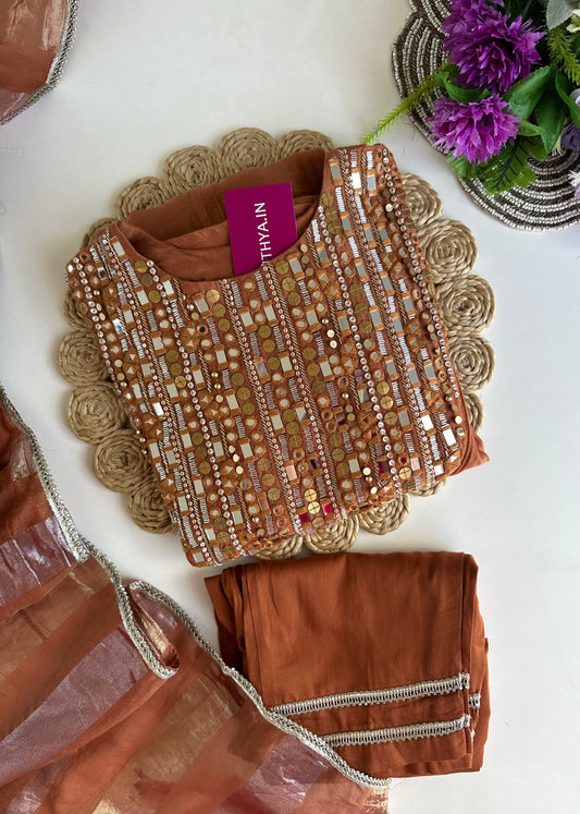 K078 - Pure mul Chanderi mirror work Anarkali with pants and dupatta