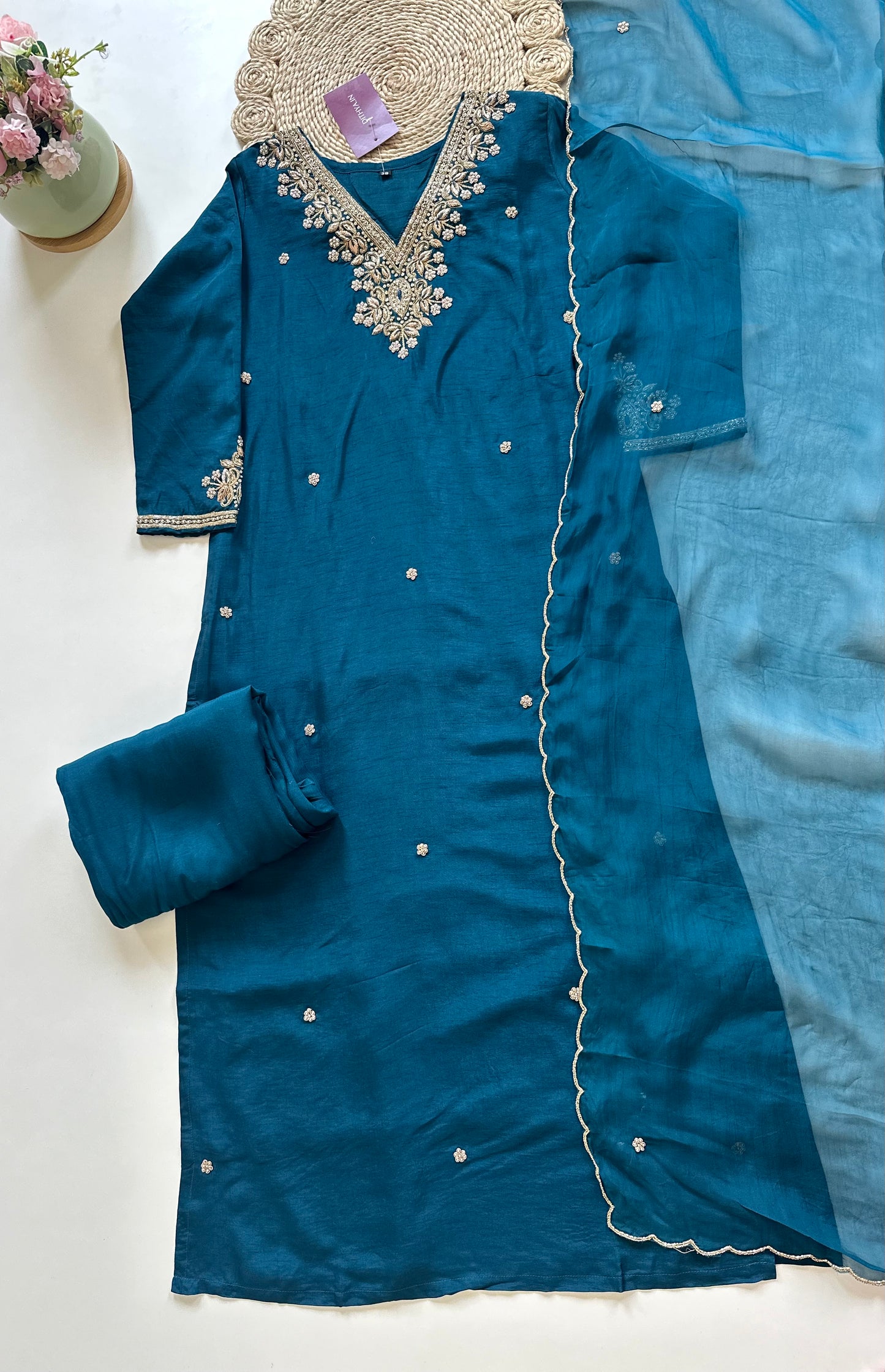 K205 - Zardosi Russian silk straight kurti with pants and dupatta.