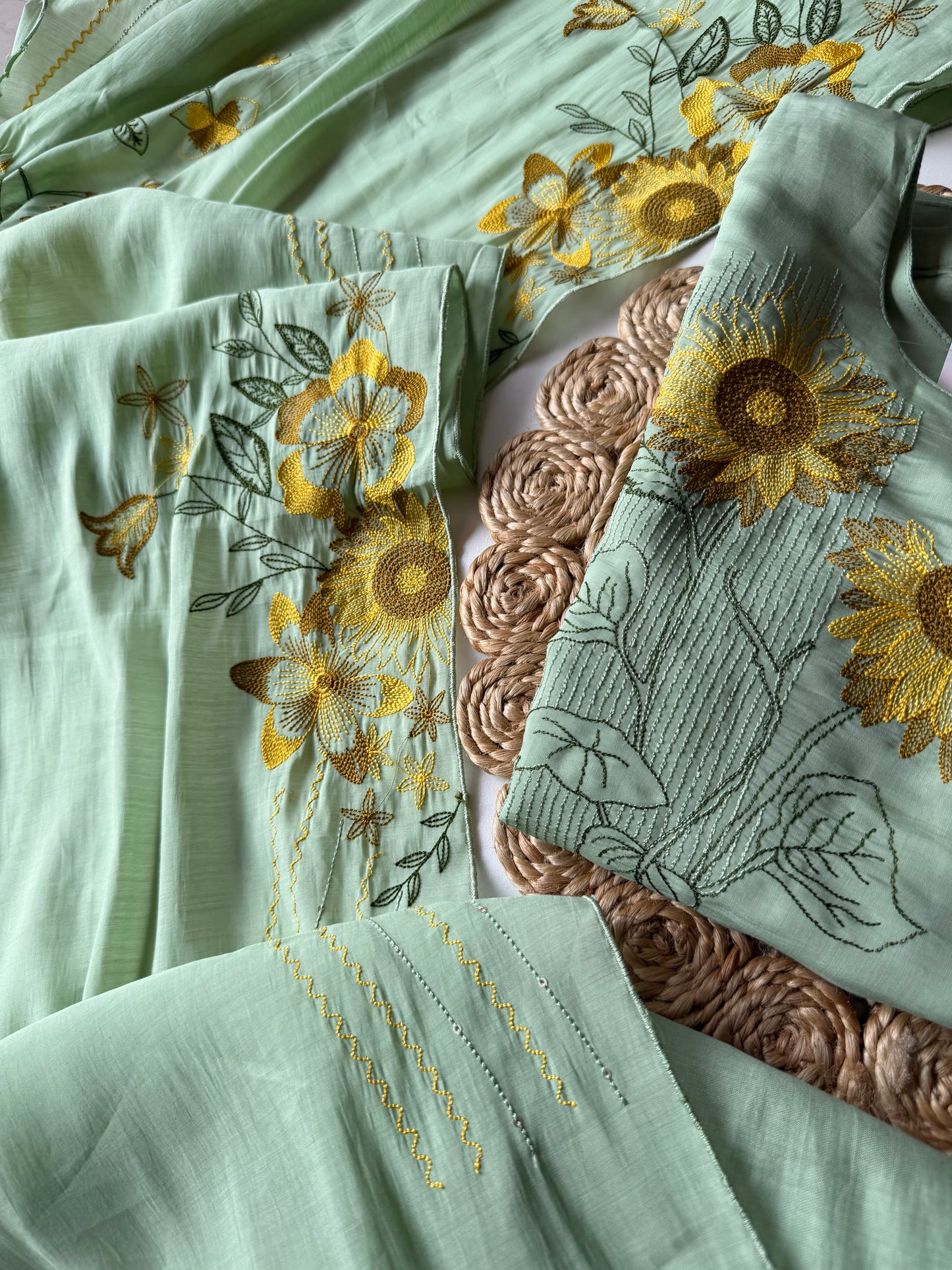 K702 - Surat Mul chanderi embroidered straight Kurti with pants and dupatta in 2 colours