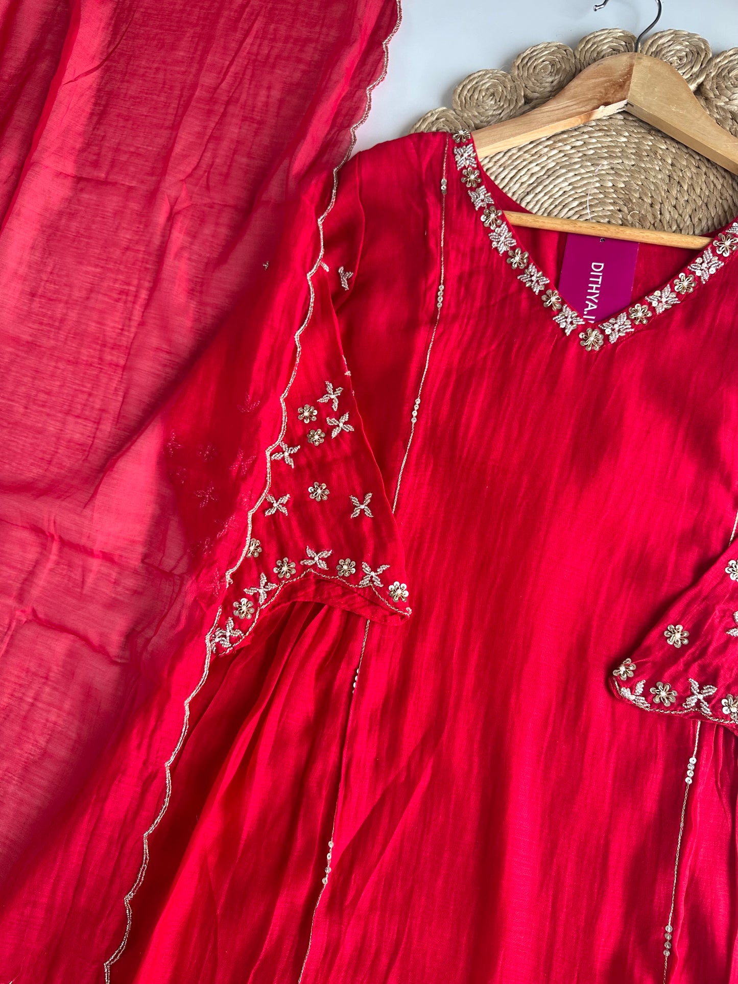 K309 - Mul Chanderi handwork Anarkali with pants and dupatta in 3 colours