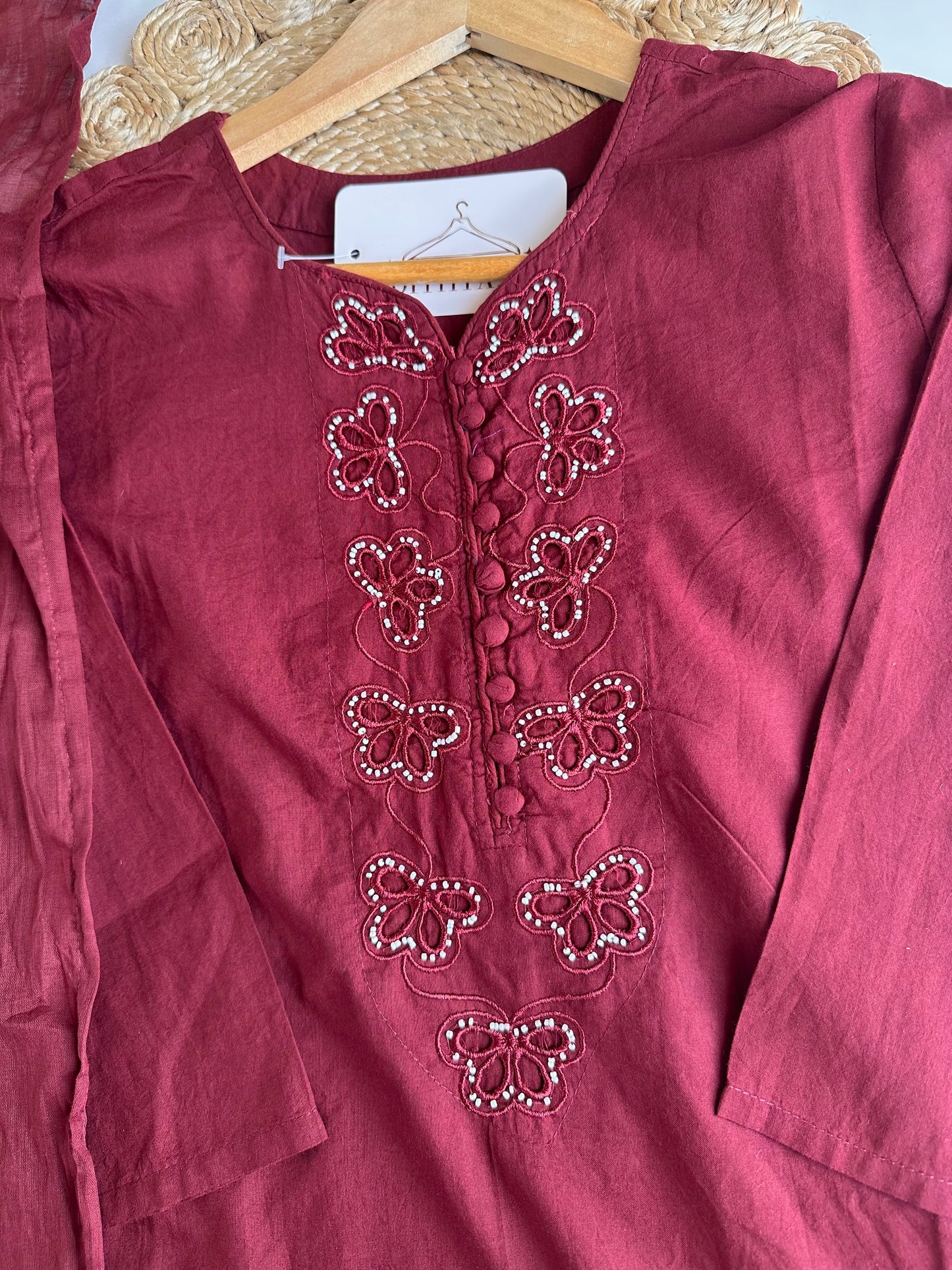K728 - Mul cotton cut work straight Kurti with pants and dupatta