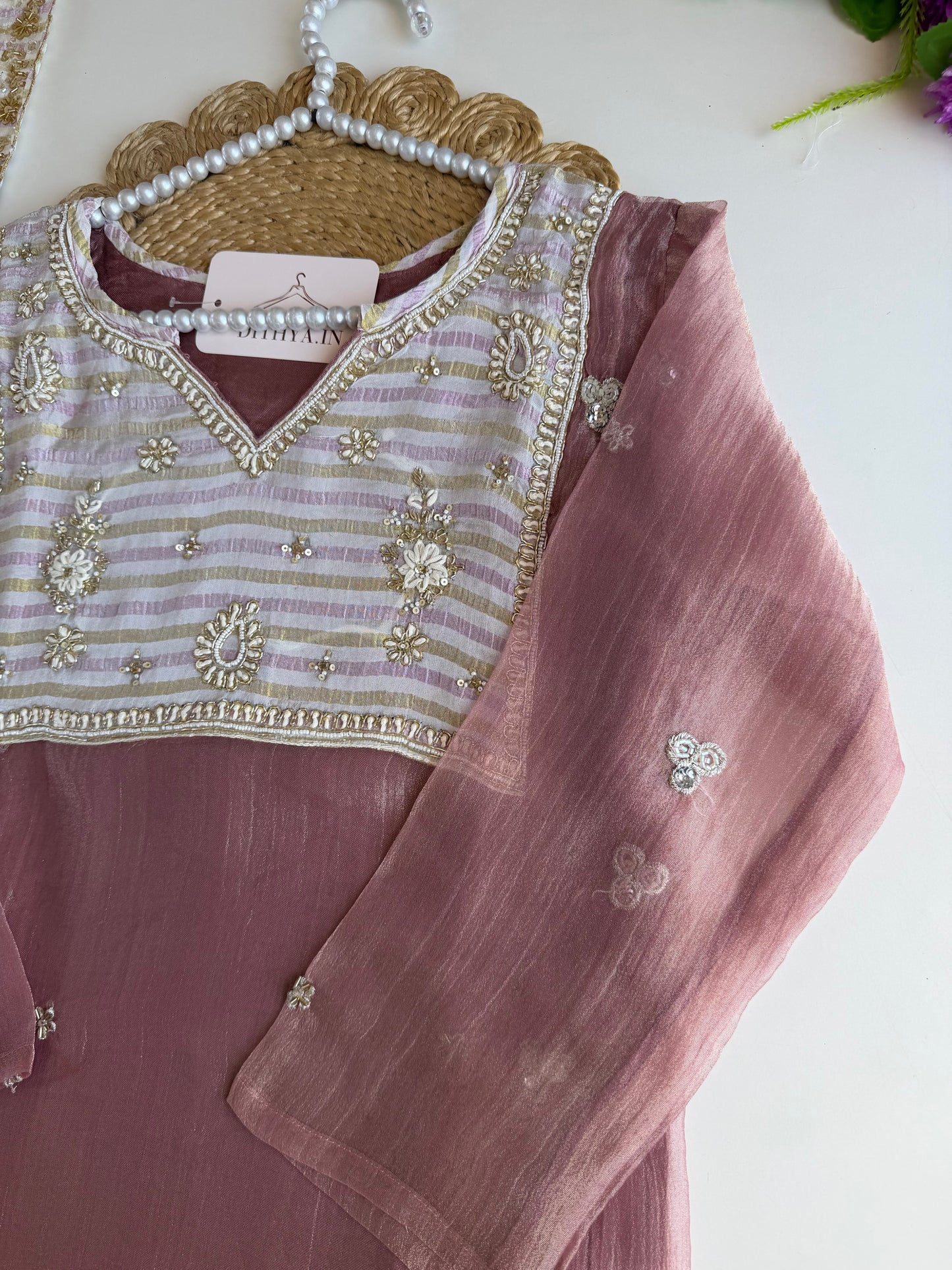 K684 - Crushed tissue handwork Aline Kurti with pants and dupatta
