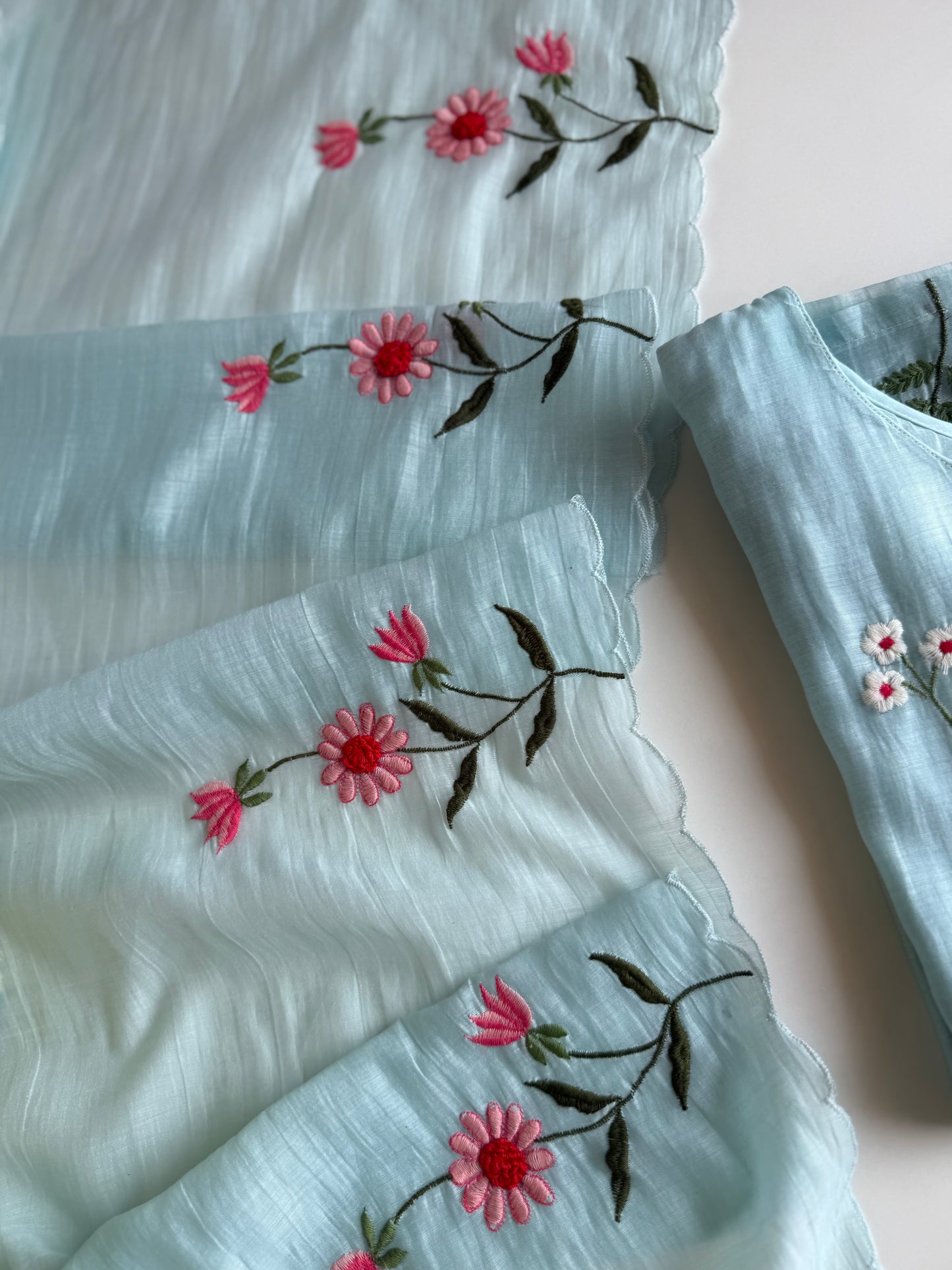 Mul Chanderi embroidered straight Kurti with pants and dupatta