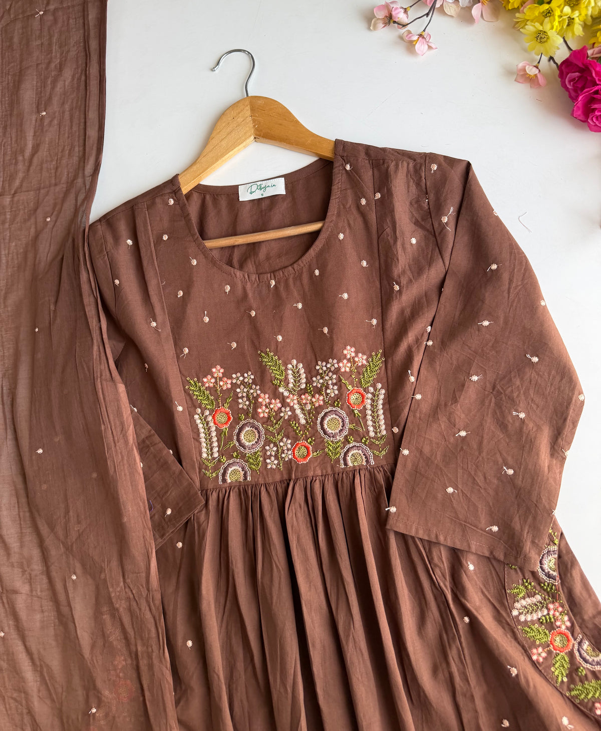 K726 - Mul cotton embroidered Anarkali with pants and dupatta
