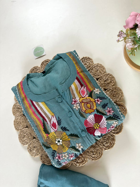 K066 - Mul Chanderi embroidered Aline Kurti with pants in 2 colours