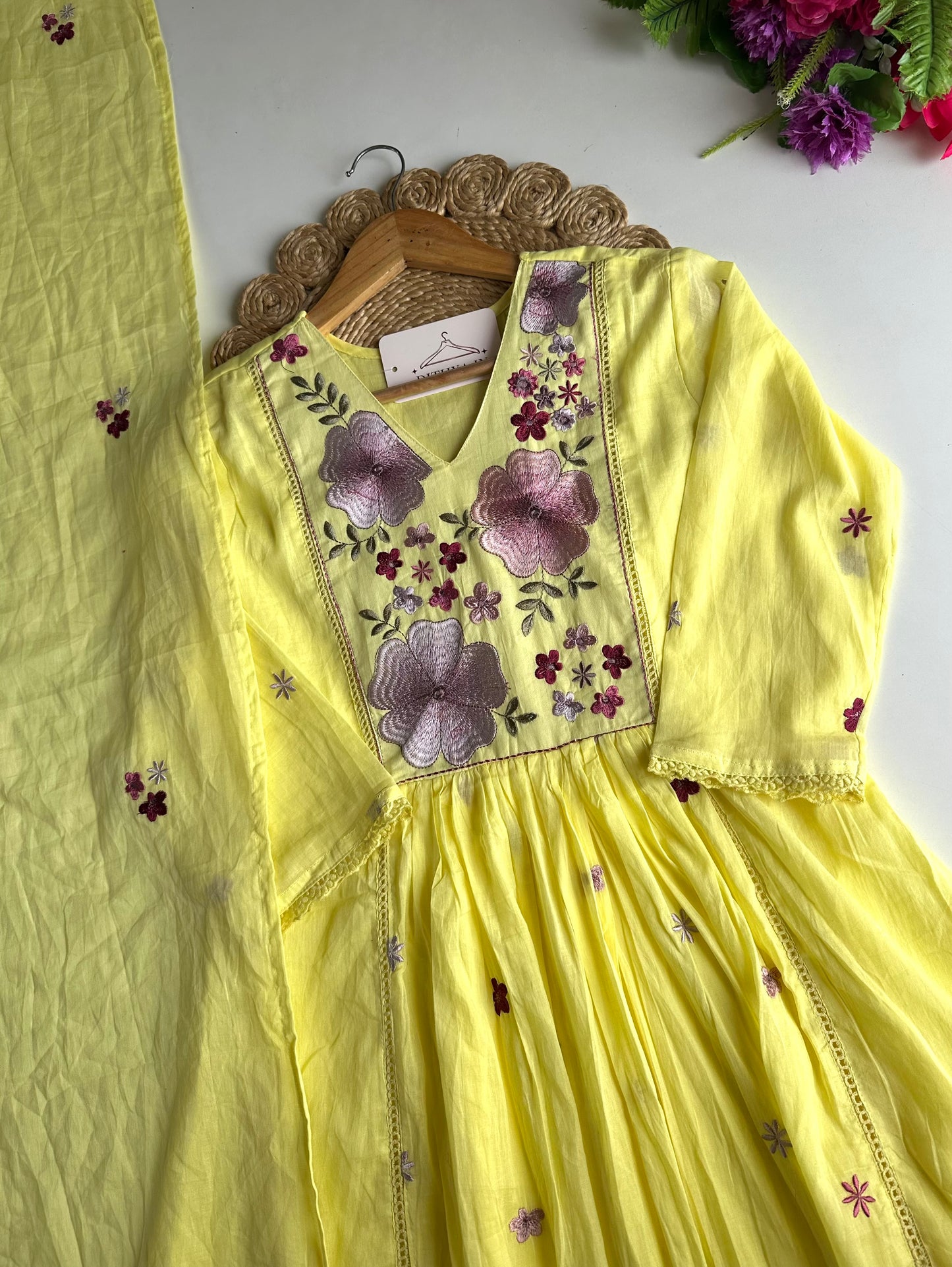 K246 - Mul cotton embroidered Anarkali with pants and dupatta