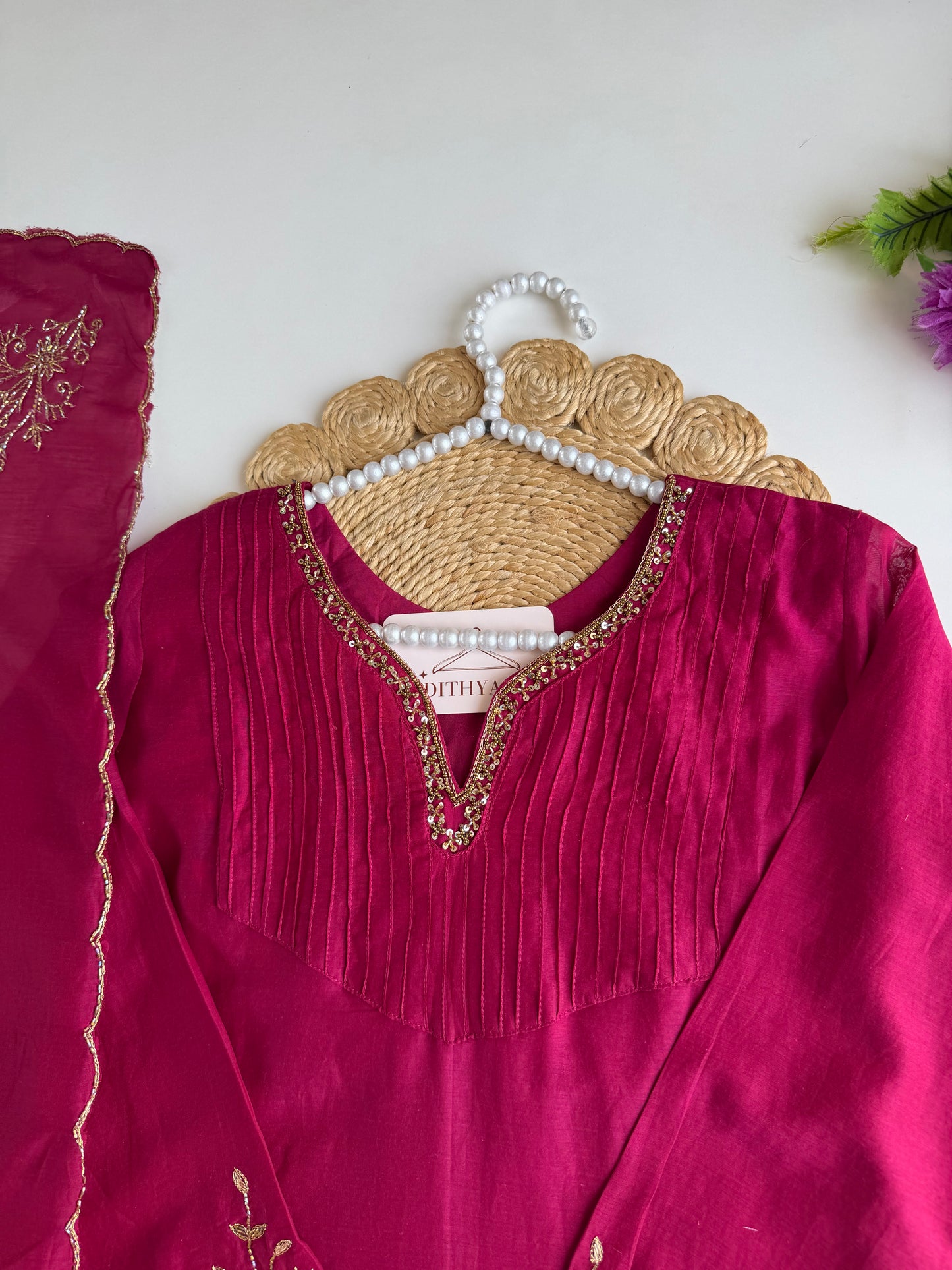 K295 - Mul chanderi handwork Aline Kurti with pants and dupatta