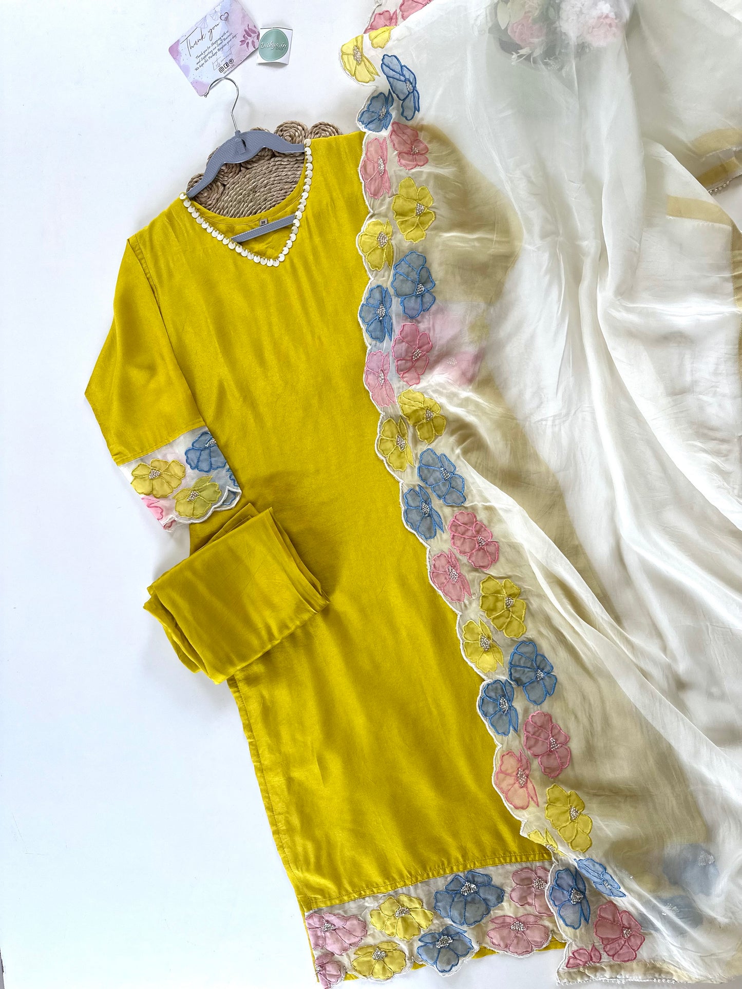 K167 - Russian Silk Applique work straight kurti with pants and organza dupatta.