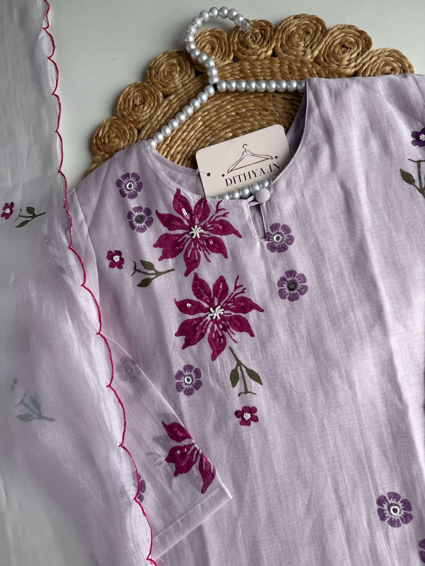 K012 - Mul Chanderi handwork straight Kurti with pants and dupatta