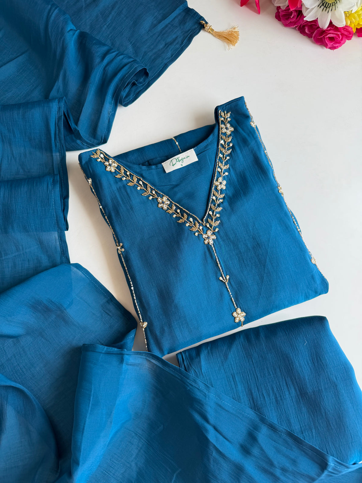 K690 - Surat mul chanderi handwork aline Kurti with pants and dupatta
