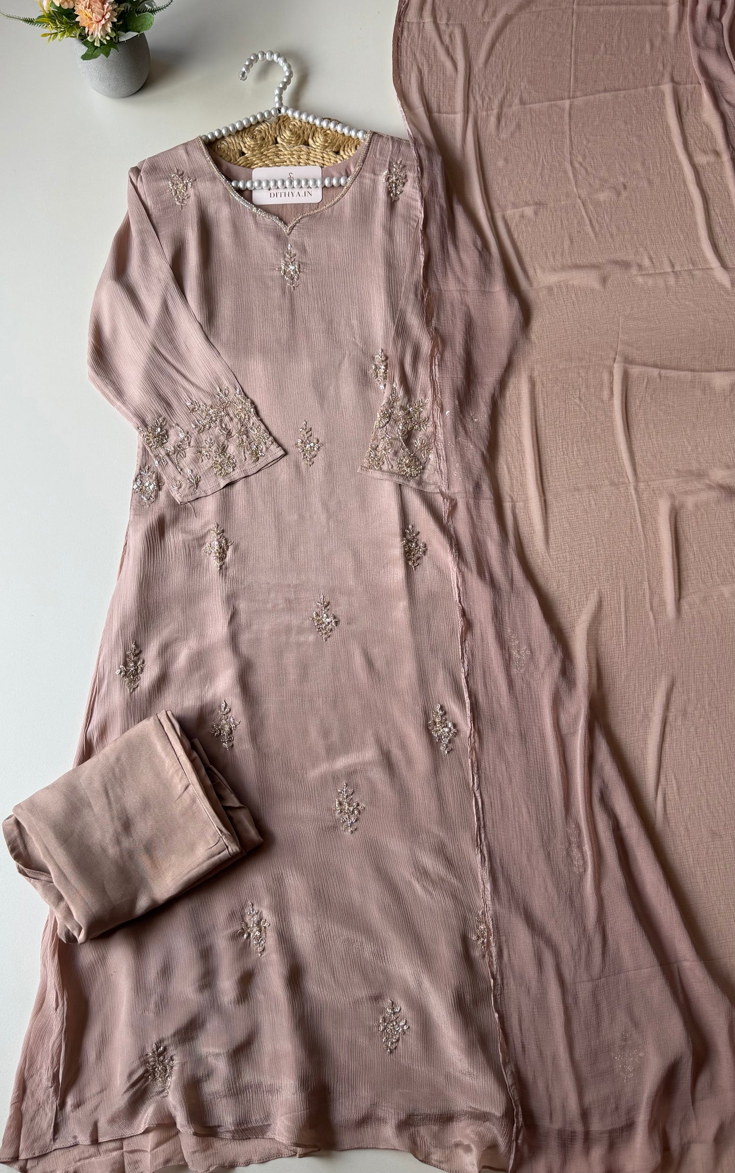 K365 - Pure Chinnon handwork aline Kurti with pants and dupatta