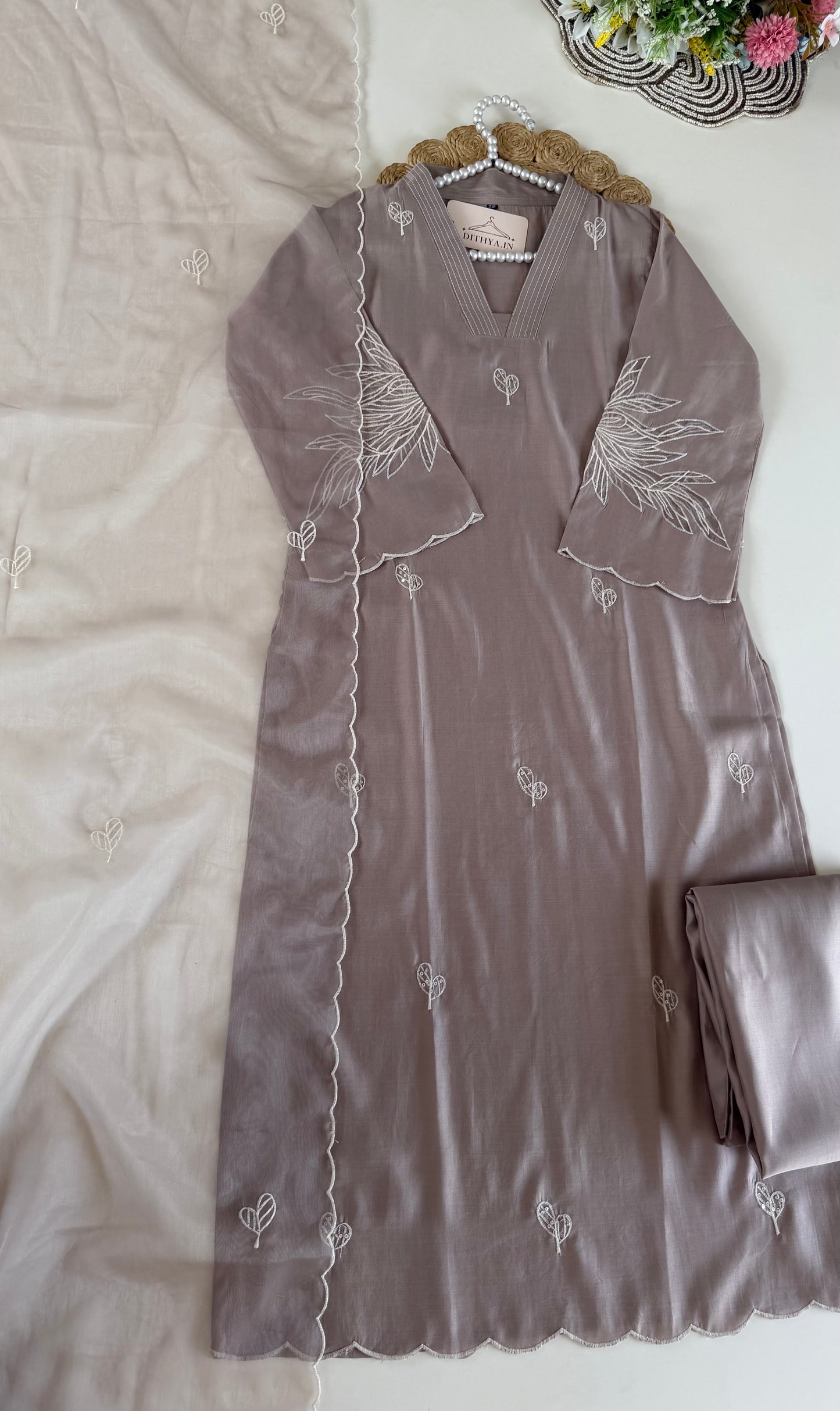 K639 - Roman silk appliqué work straight Kurti with pants and dupatta