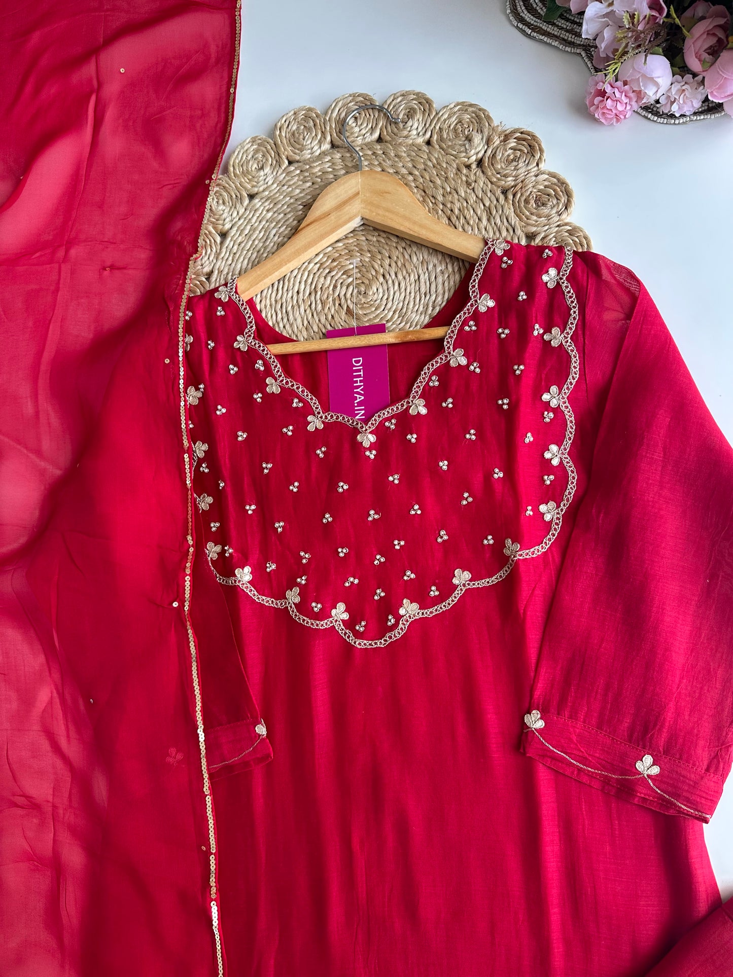 K184 - Mul Chanderi gota work straight Kurti with pants and dupatta