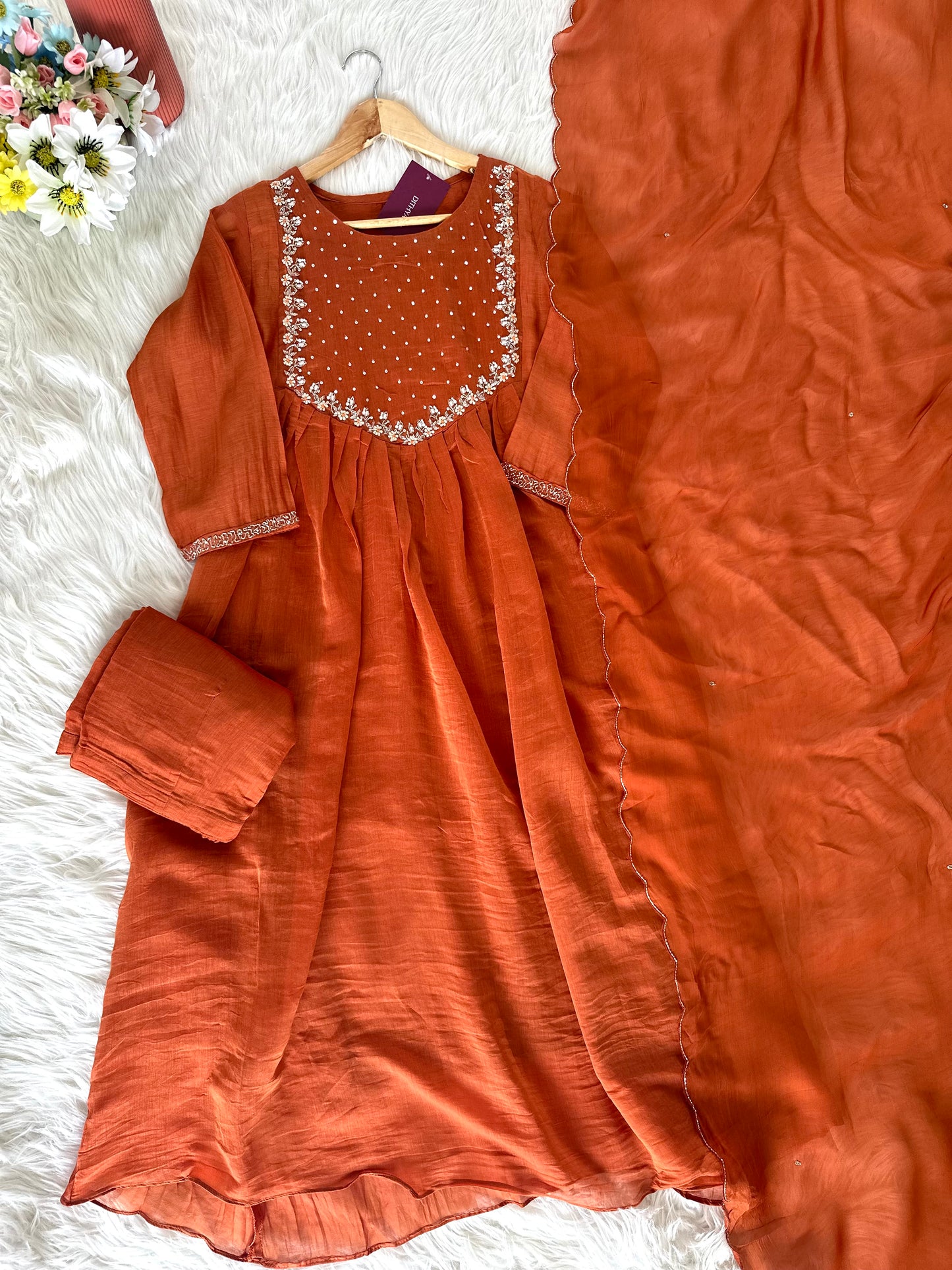 K087 - Mul Chanderi handwork Aline Kurti with pants and dupatta in 3 colours