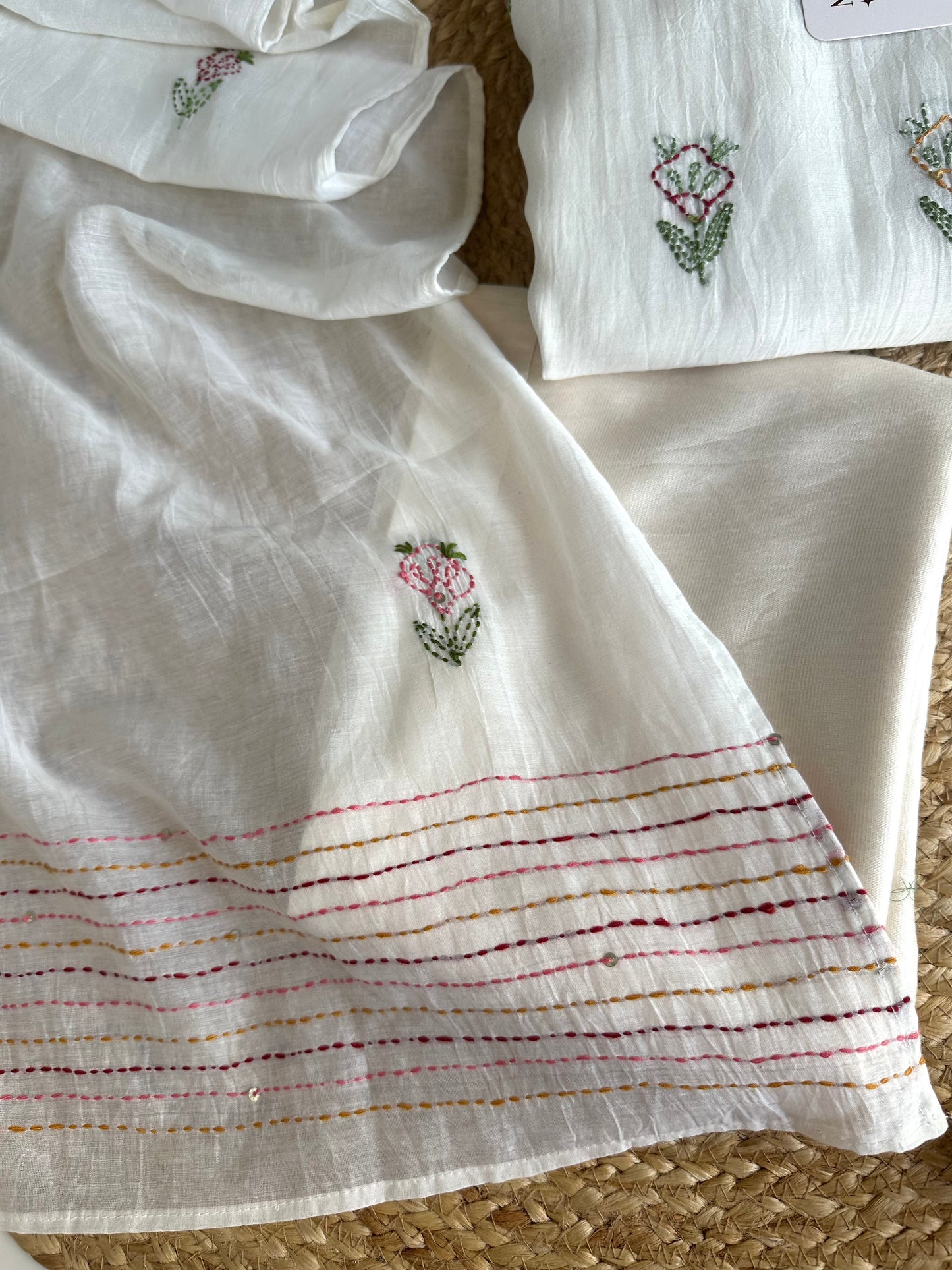 K463 - Mul Chanderi embroidered Aline Kurti with pants and dupatta