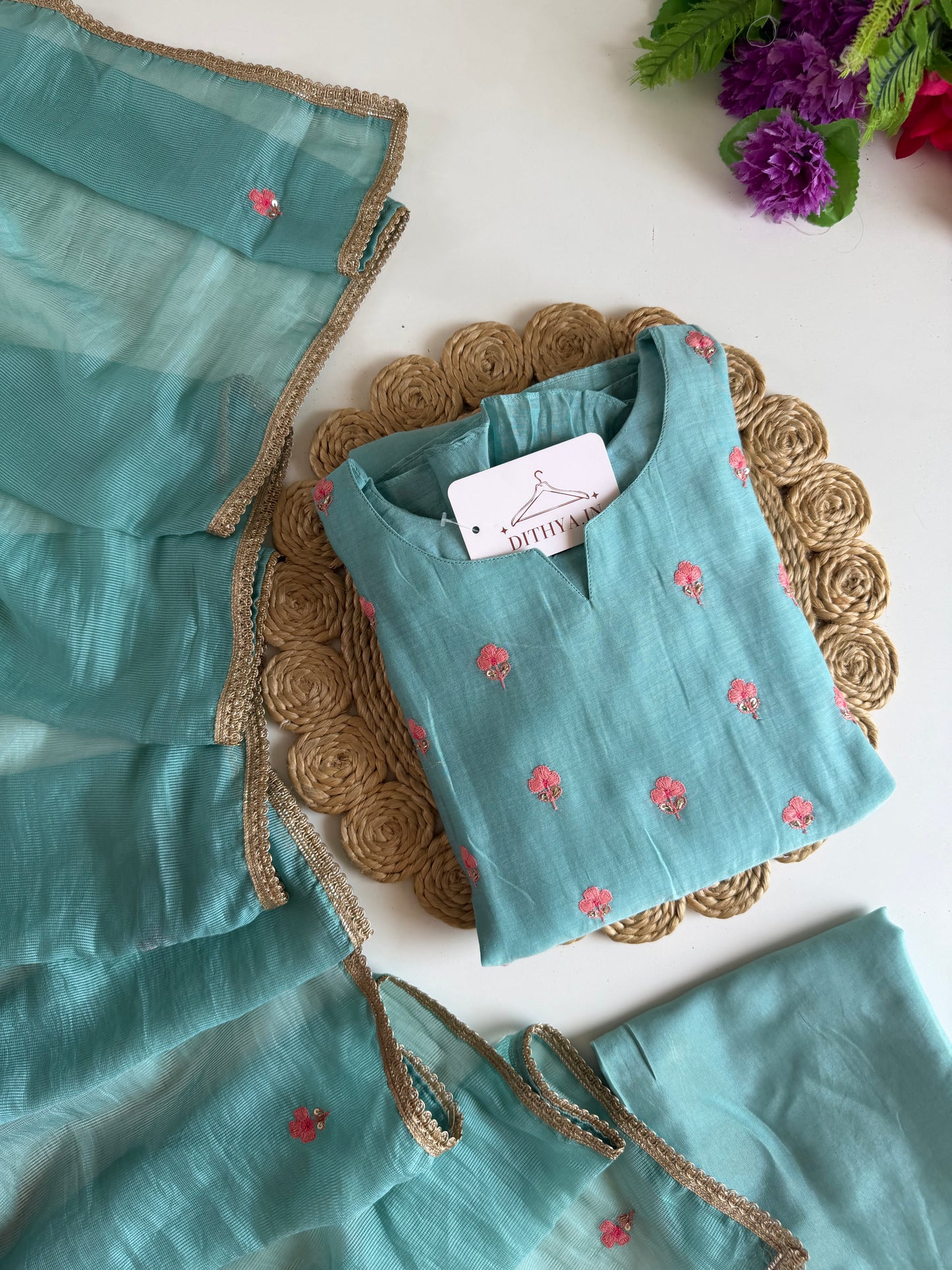 K644 - Mul chanderi handwork Anarkali with pants and dupatta