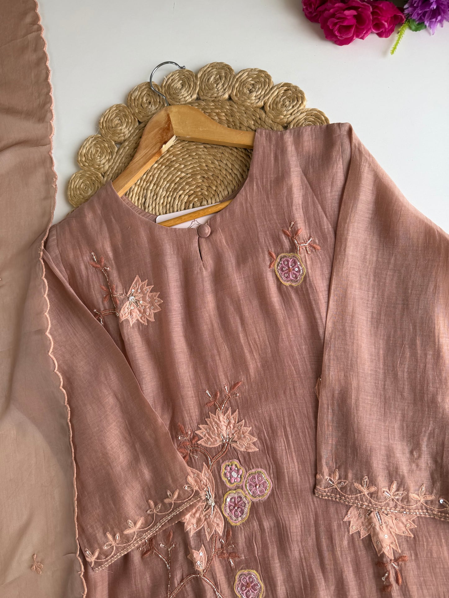 K630 - Mul chanderi appliqué Aline Kurti with pants and dupatta