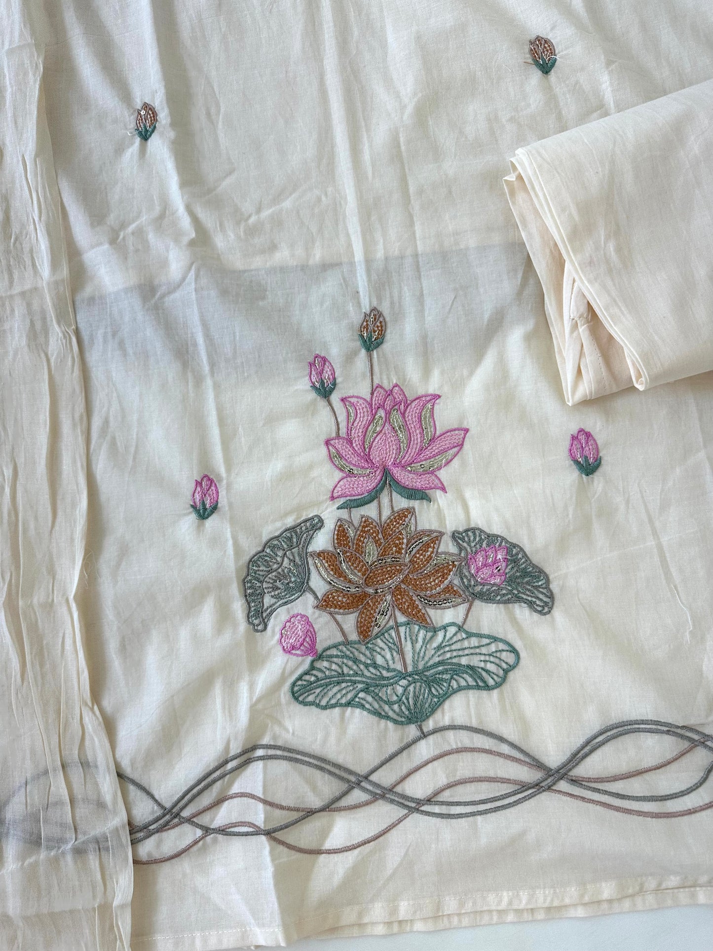 K484 - Mul cotton embroidered straight Kurti with pants and dupatta
